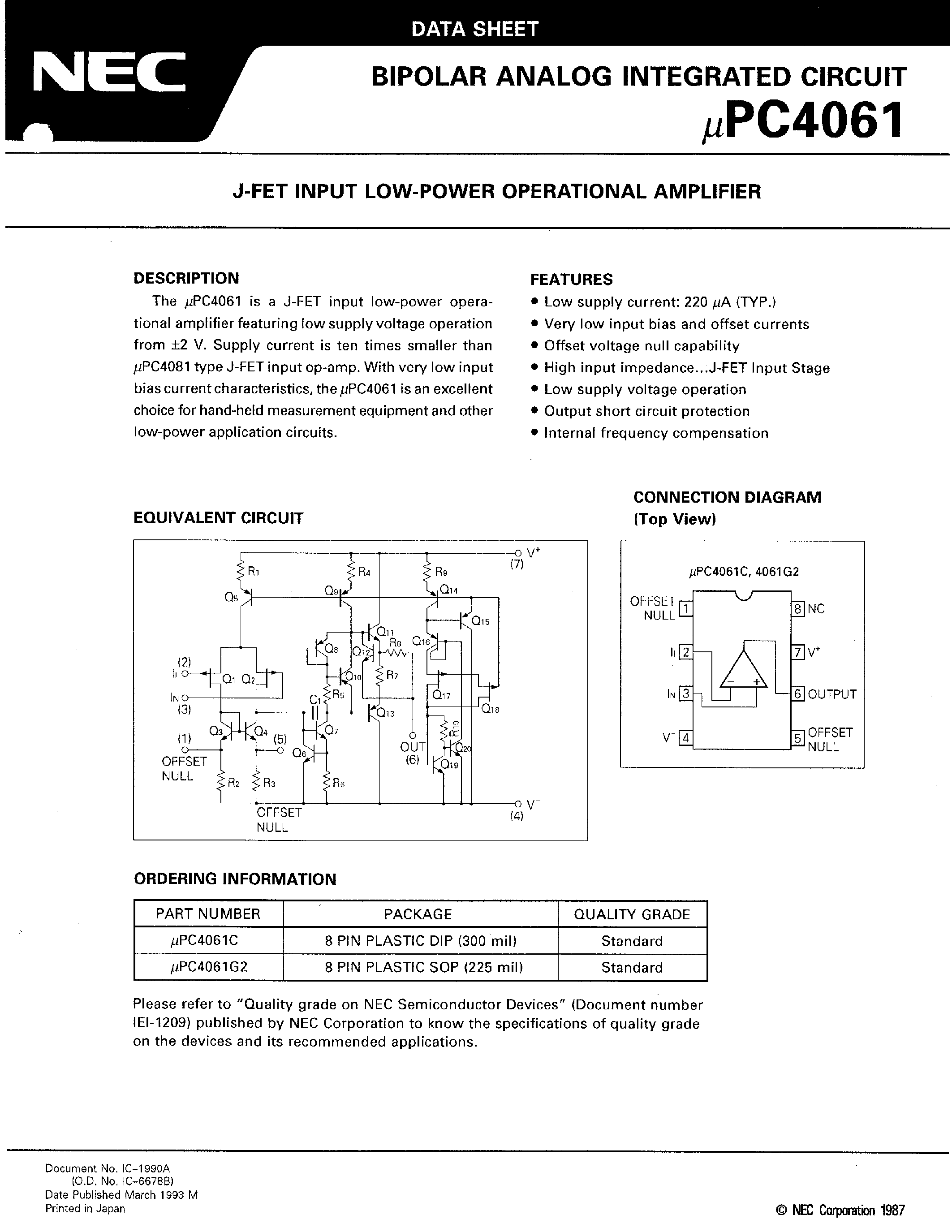 Datasheet UPC4061 page 1 Datasheet UPC4061 - J-FET INPUT LOW-POWER OPERATIONAL AMPLIFIER page 1