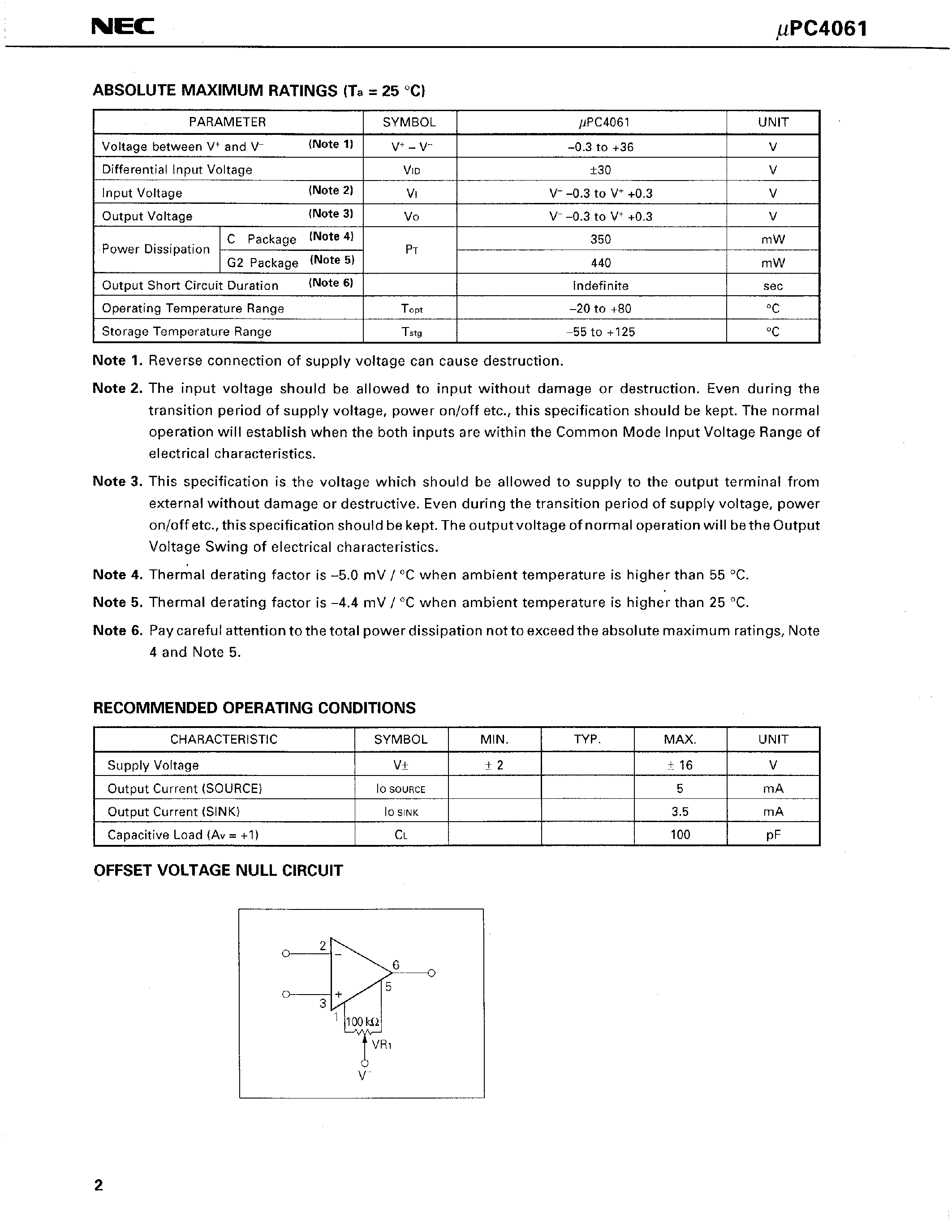 Datasheet UPC4061C page 2 Datasheet UPC4061C - J-FET INPUT LOW-POWER OPERATIONAL AMPLIFIER page 2