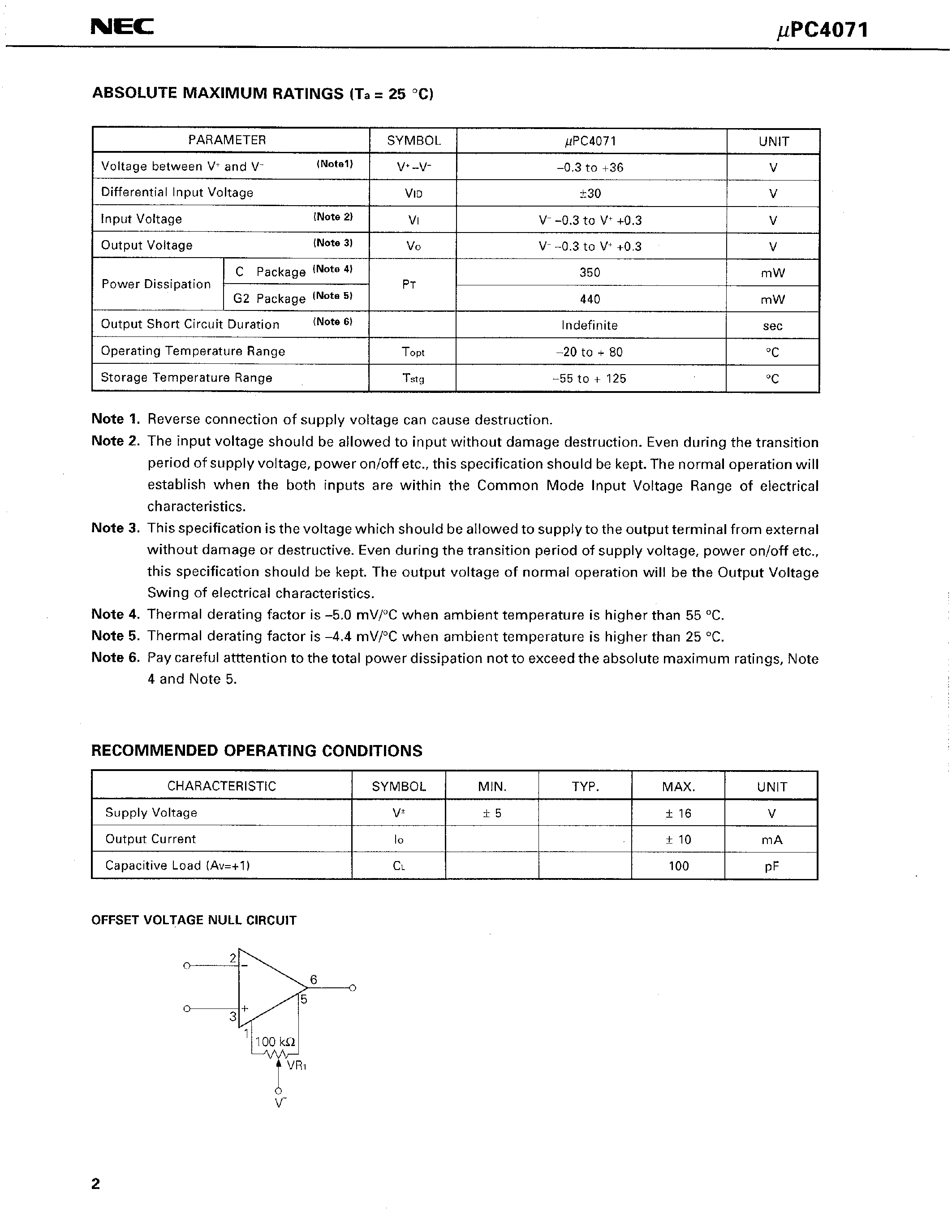 Datasheet UPC4071G2 - LOW NOISE J-FET INPUT OPERATIONAL AMPLIFIER page 2