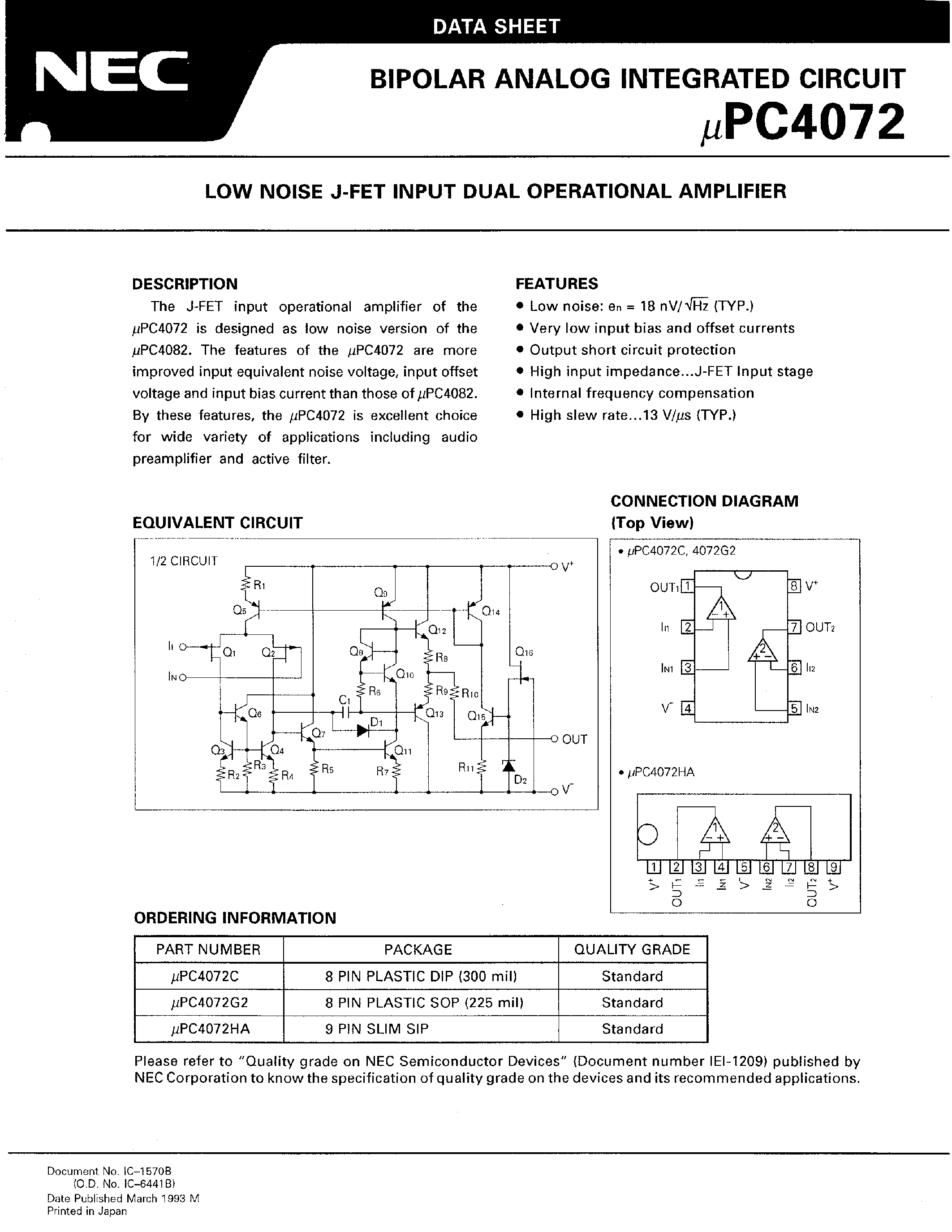 Datasheet UPC4072 page 1 Datasheet UPC4072 - LOW NOISE J-FET INPUT DUAL OPERATIONAL AMPLIFIER page 1