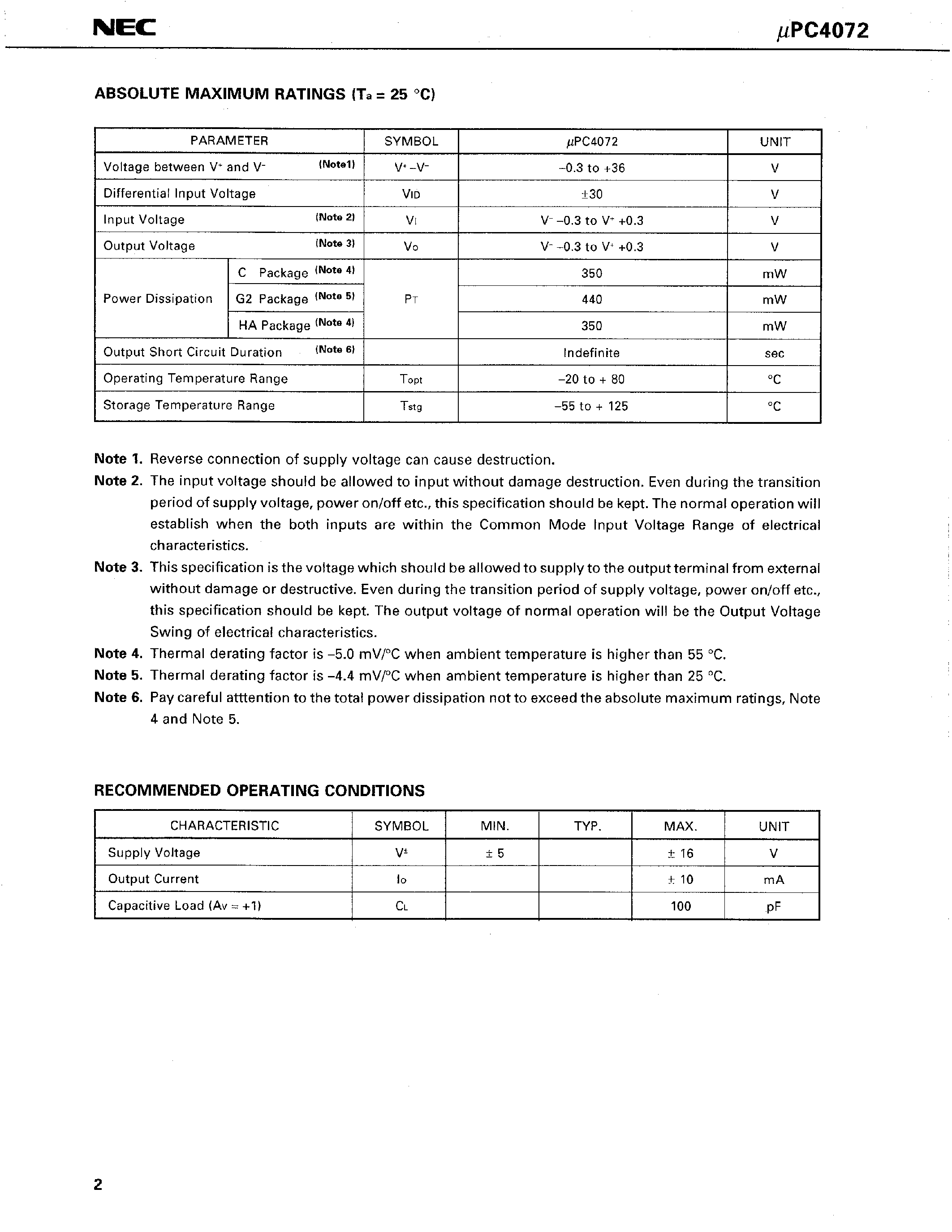 Datasheet UPC4072G2 page 2 Datasheet UPC4072G2 - LOW NOISE J-FET INPUT DUAL OPERATIONAL AMPLIFIER page 2
