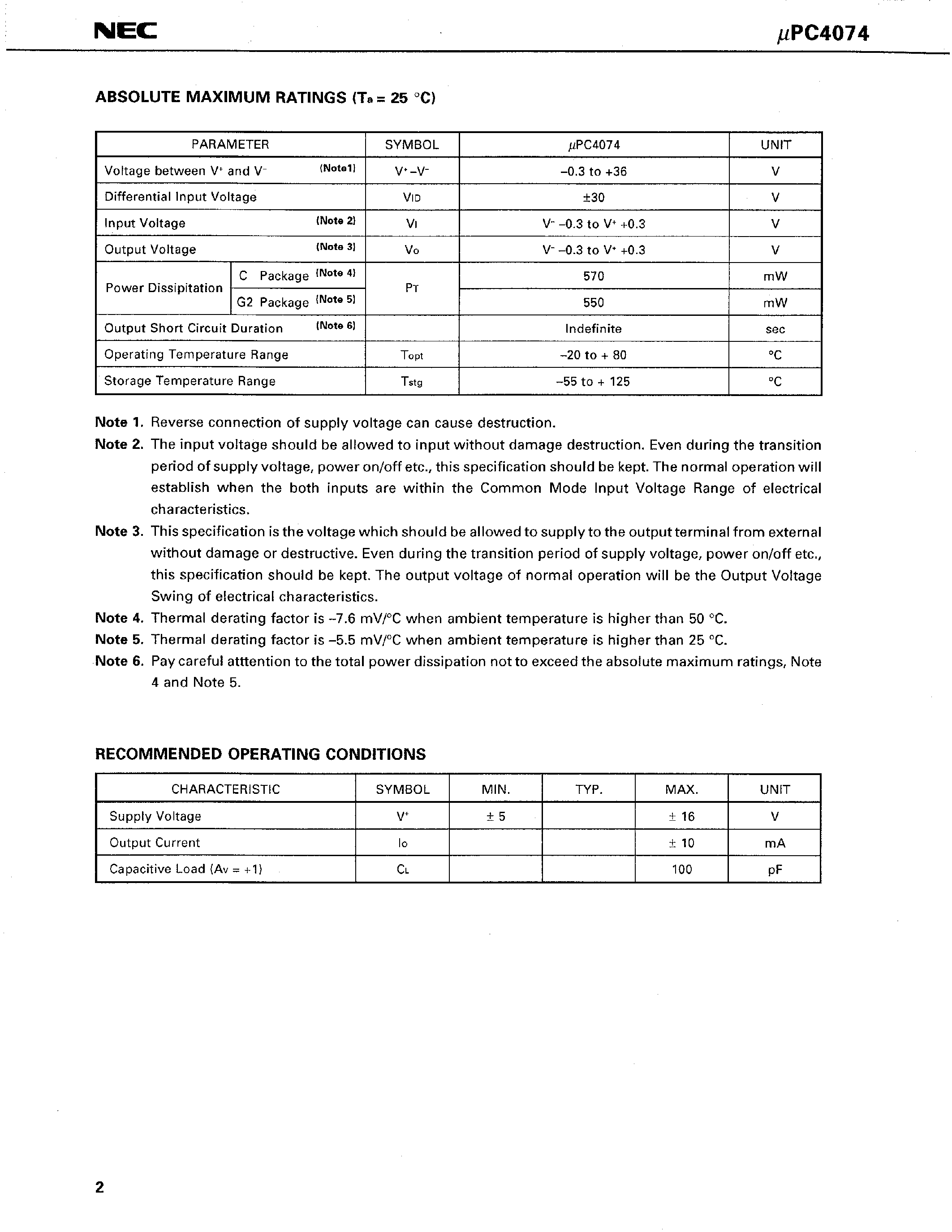 Datasheet UPC4074 - LOW NOISE J-FET INPUT QUAD OPERATIONAL AMPLIFIER page 2