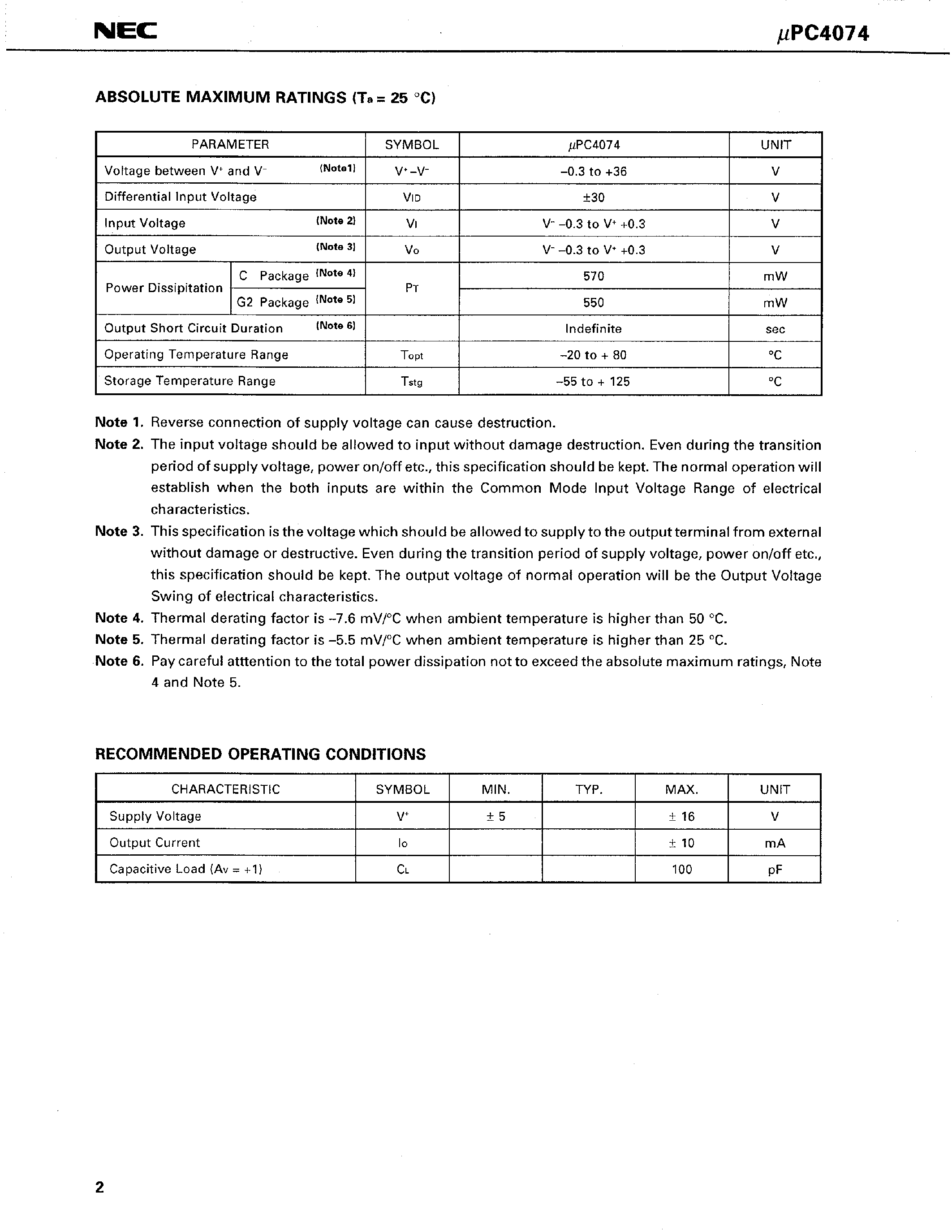 Datasheet UPC4074C page 2 Datasheet UPC4074C - LOW NOISE J-FET INPUT QUAD OPERATIONAL AMPLIFIER page 2