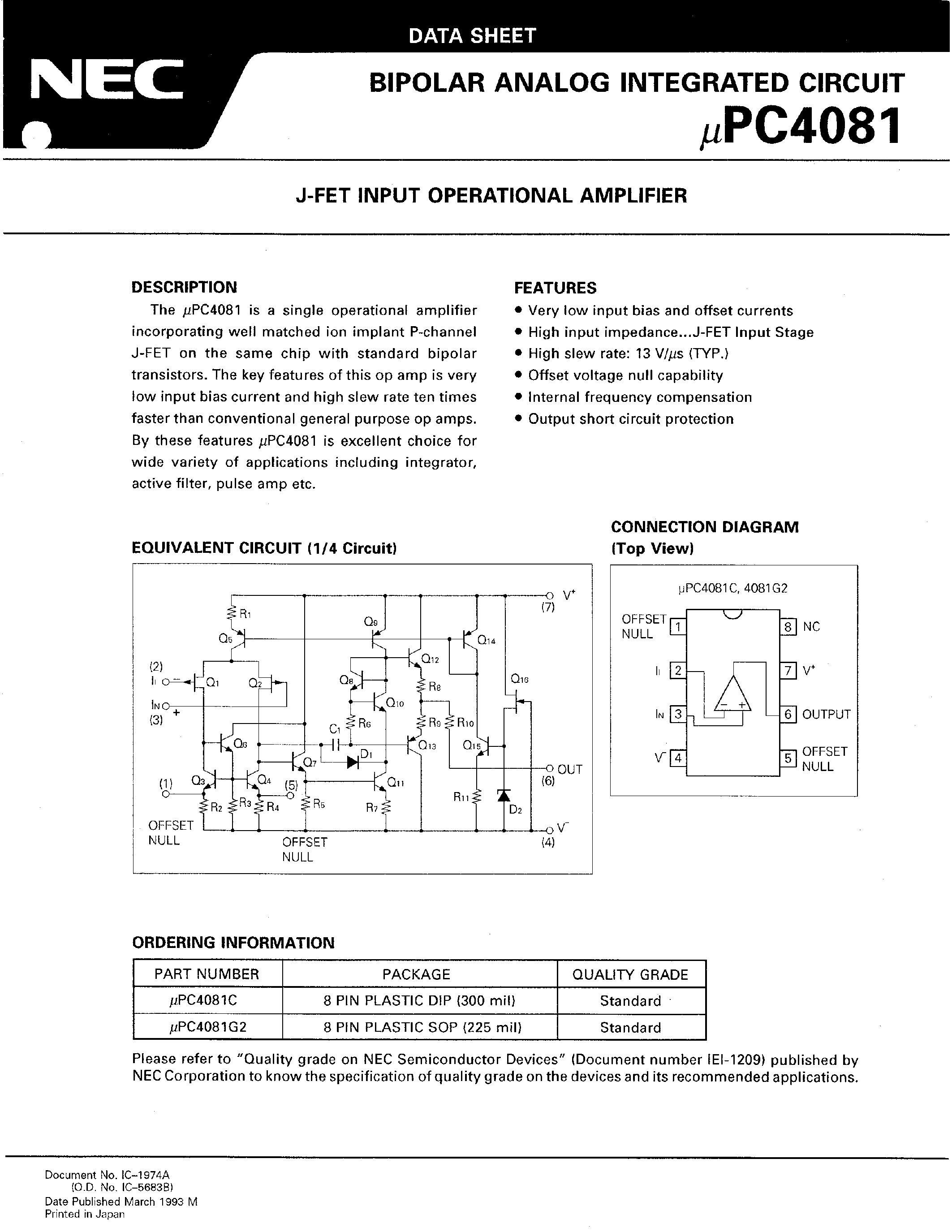 Datasheet UPC4081 page 1 Datasheet UPC4081 - J-FET INPUT OPERATIONAL AMPLIFIER page 1