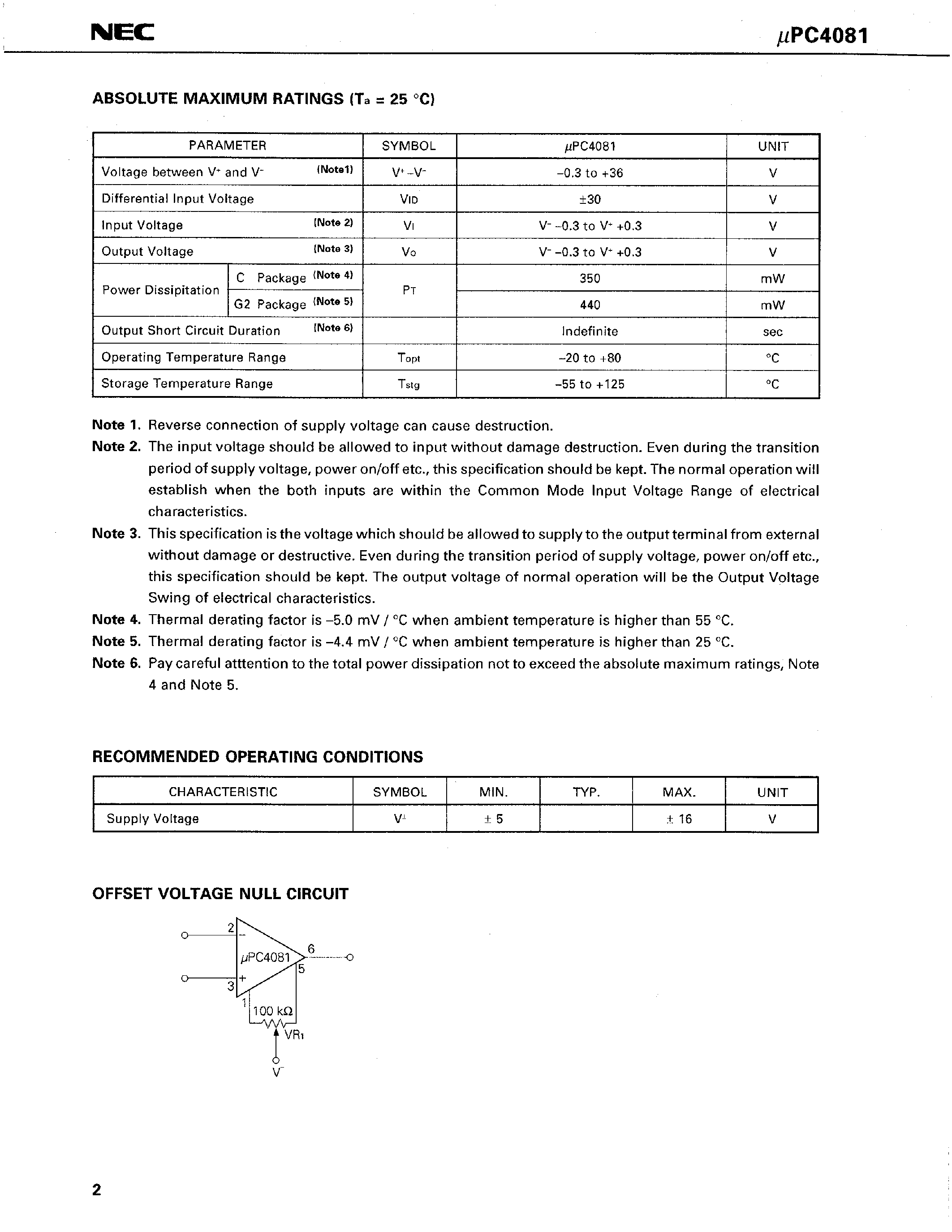 Datasheet UPC4081 - J-FET INPUT OPERATIONAL AMPLIFIER page 2