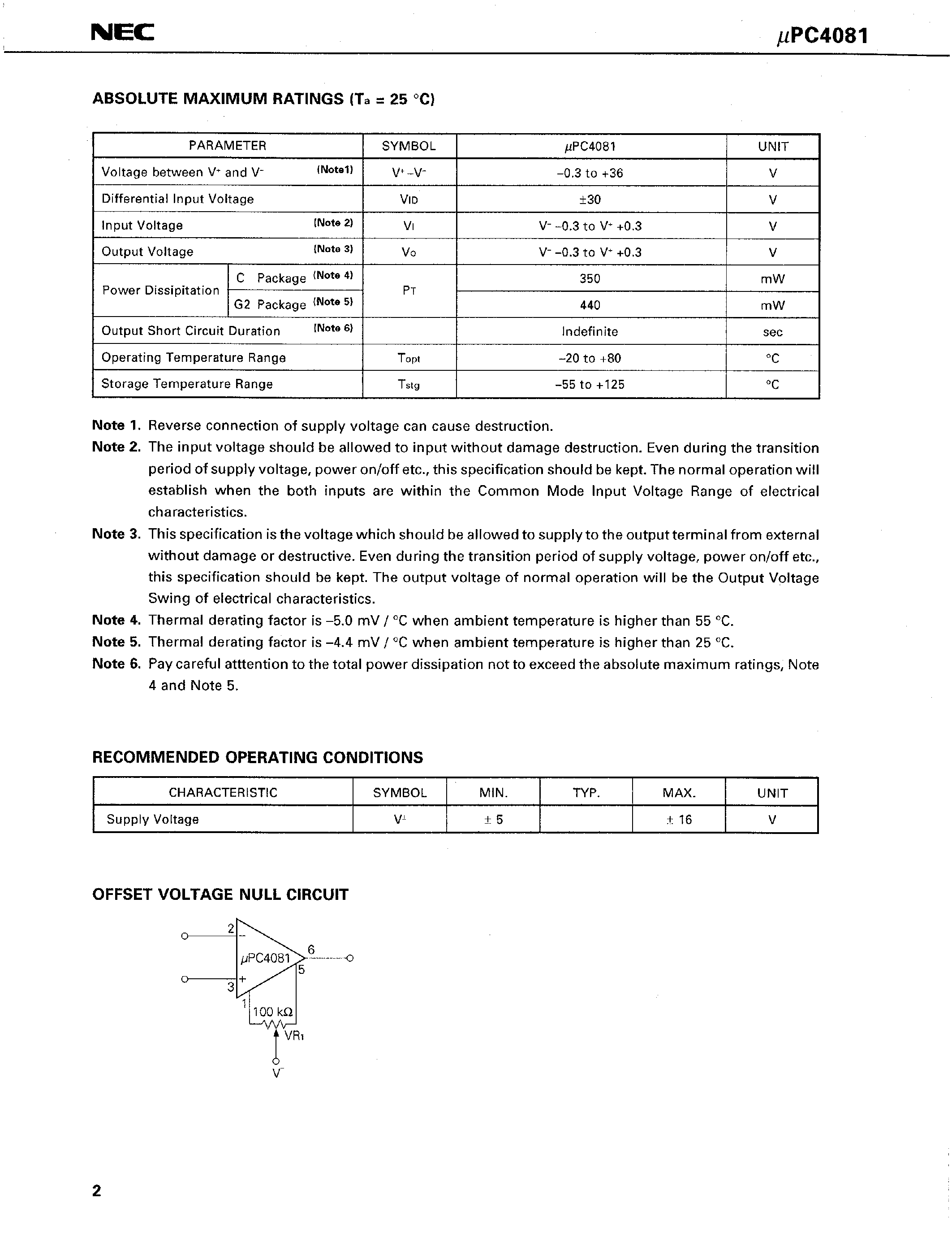 Datasheet UPC4081G2 page 2 Datasheet UPC4081G2 - J-FET INPUT OPERATIONAL AMPLIFIER page 2