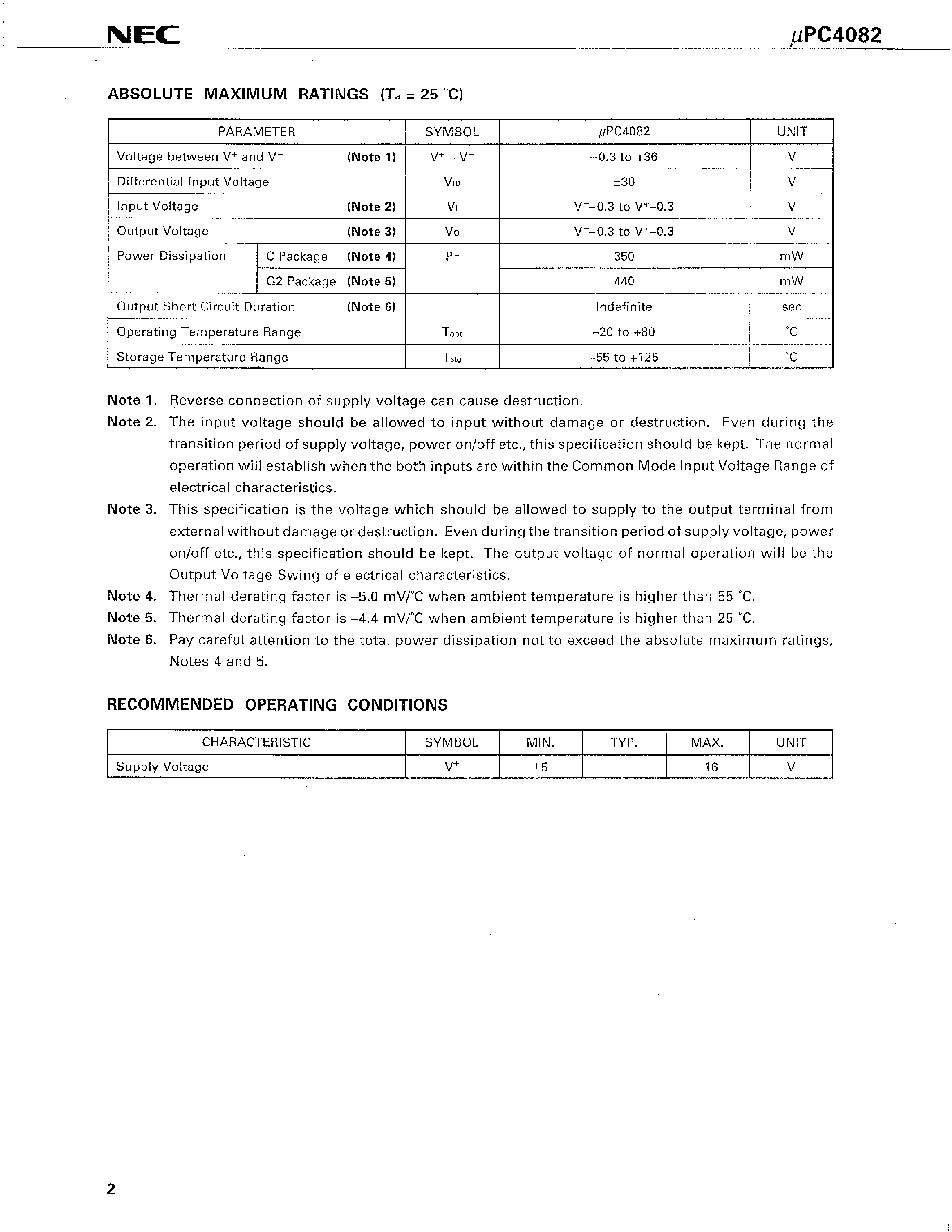 Datasheet UPC4082G2 page 2 Datasheet UPC4082G2 - J-FET INPUT DUAL OPERATIONAL AMPLIFIER page 2