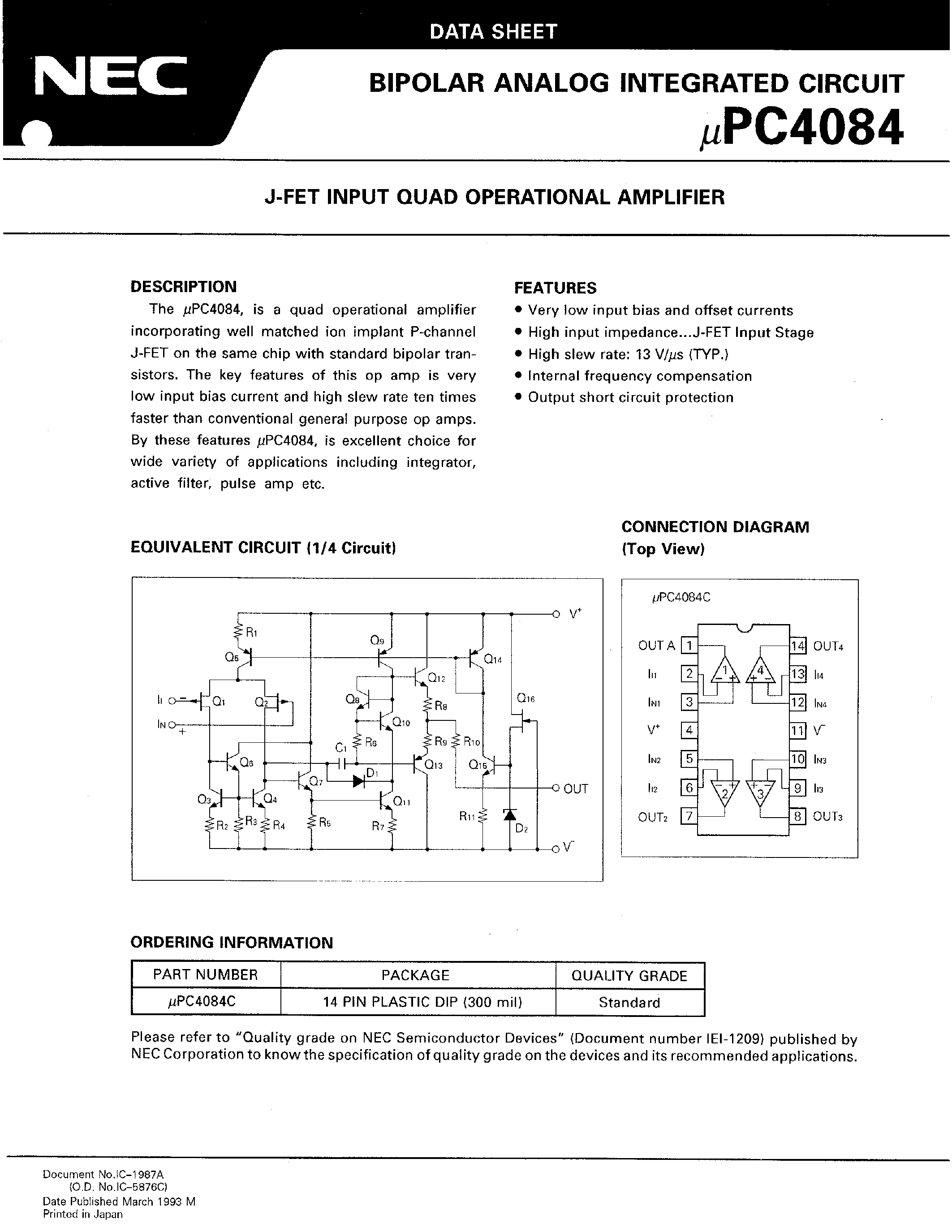 Datasheet UPC4084 page 1 Datasheet UPC4084 - J-FET INPUT QUAD OPERATIONAL AMPLIFIER page 1