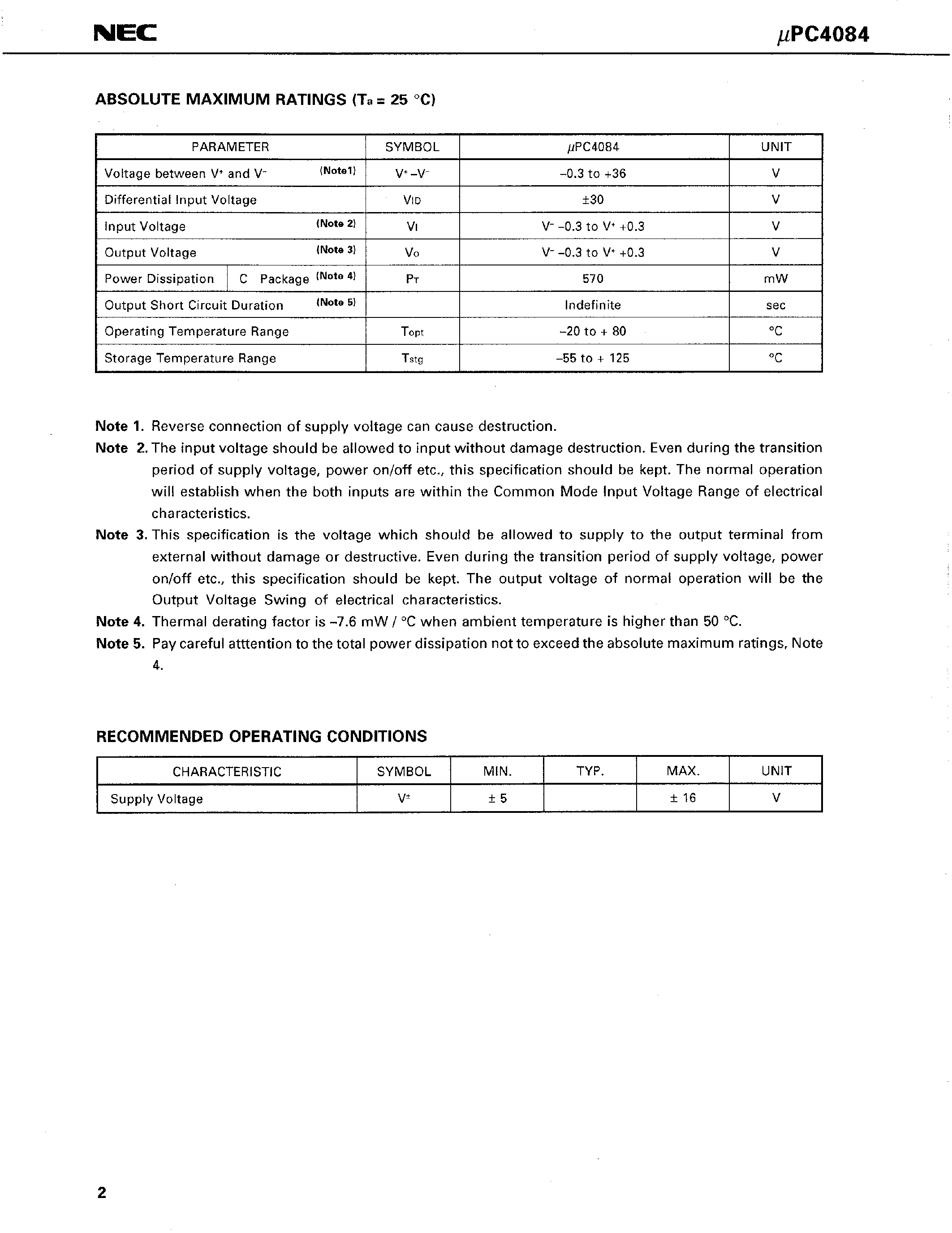 Datasheet UPC4084C page 2 Datasheet UPC4084C - J-FET INPUT QUAD OPERATIONAL AMPLIFIER page 2