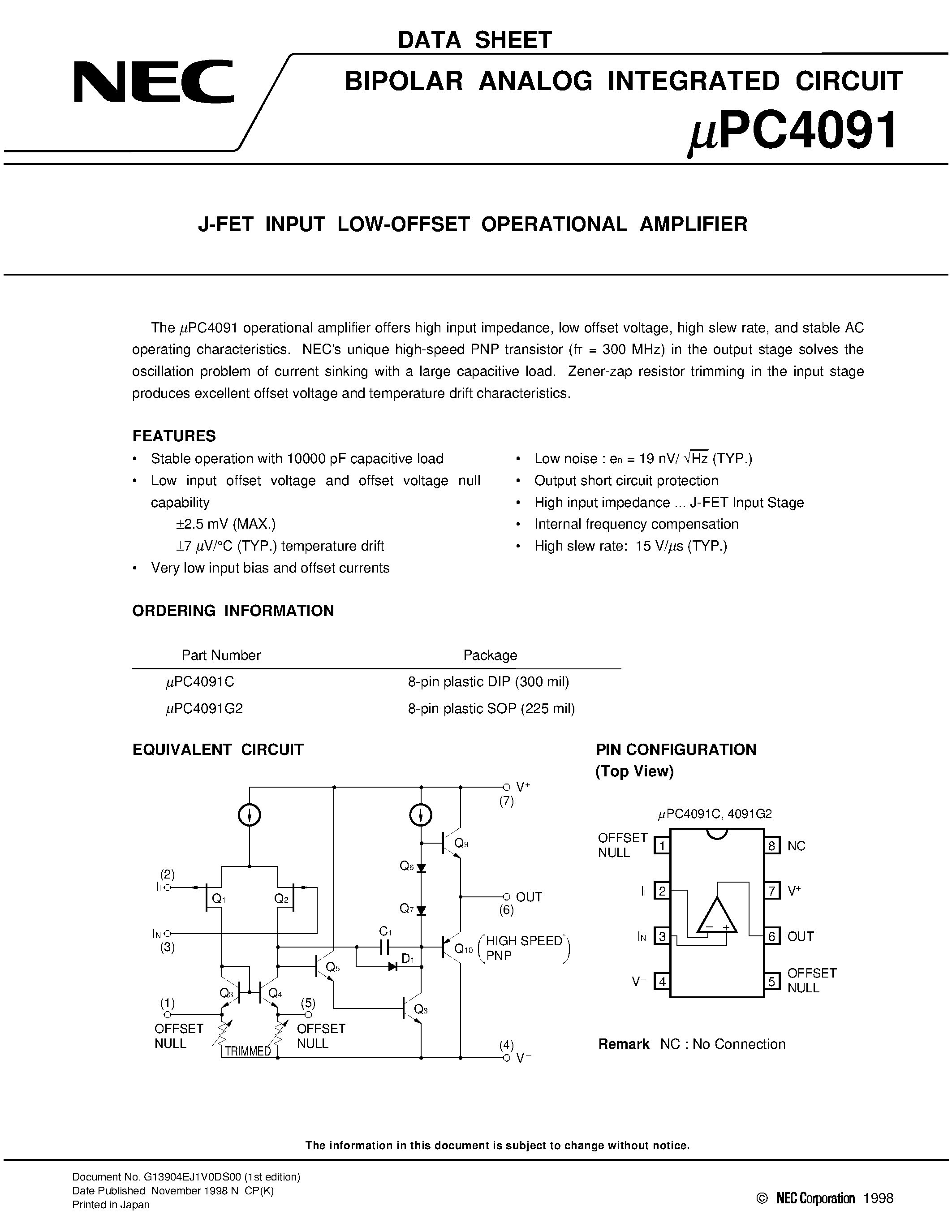 Datasheet UPC4091 page 1 Datasheet UPC4091 - J-FET INPUT LOW-OFFSET OPERATIONAL AMPLIFIER page 1