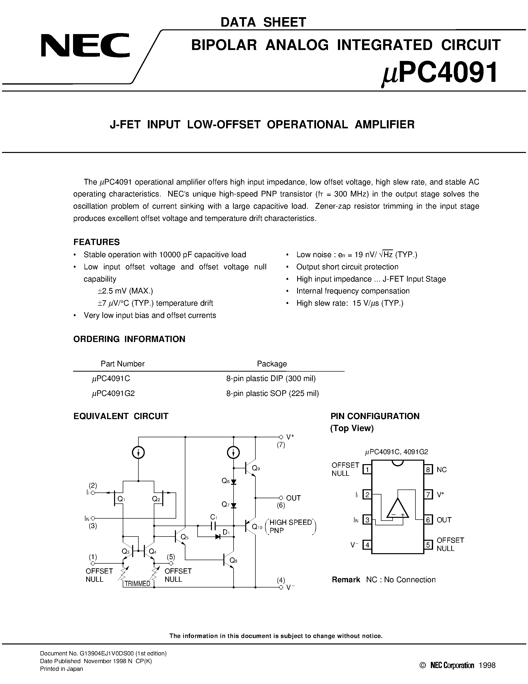 Datasheet UPC4091 - J-FET INPUT LOW-OFFSET OPERATIONAL AMPLIFIER page 1