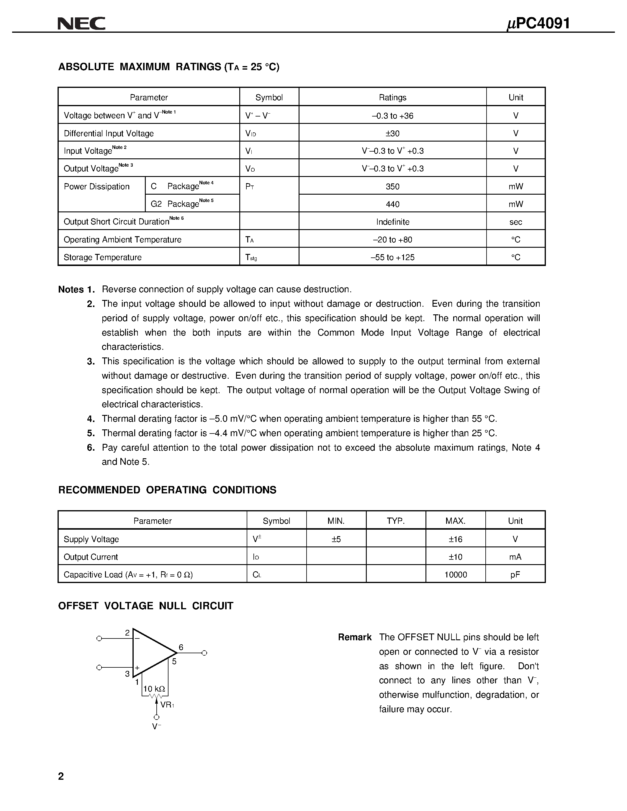 Datasheet UPC4091G2 page 2 Datasheet UPC4091G2 - J-FET INPUT LOW-OFFSET OPERATIONAL AMPLIFIER page 2