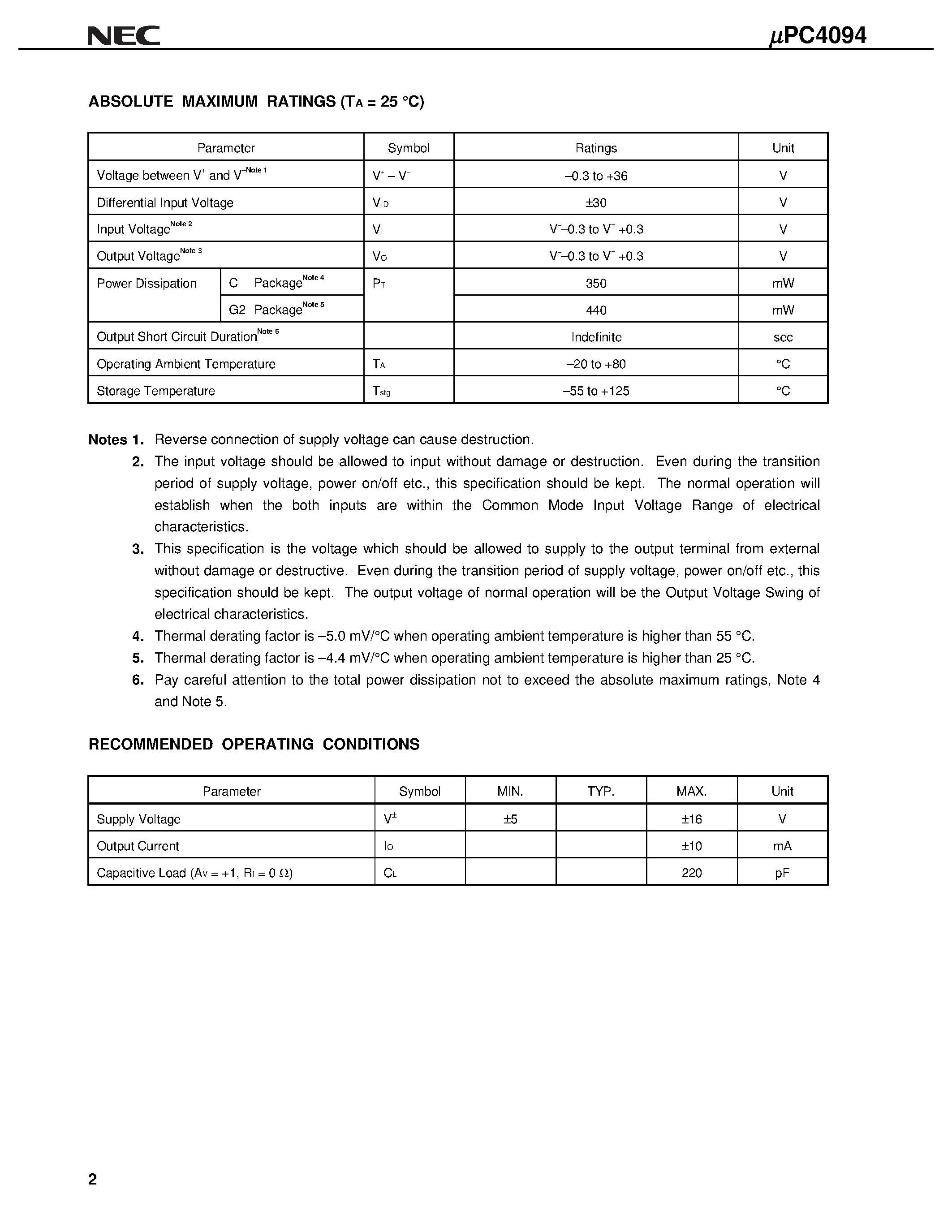 Datasheet UPC4094G2 page 2 Datasheet UPC4094G2 - J-FET INPUT LOW-OFFSET DUAL OPERATIONAL AMPLIFIER page 2