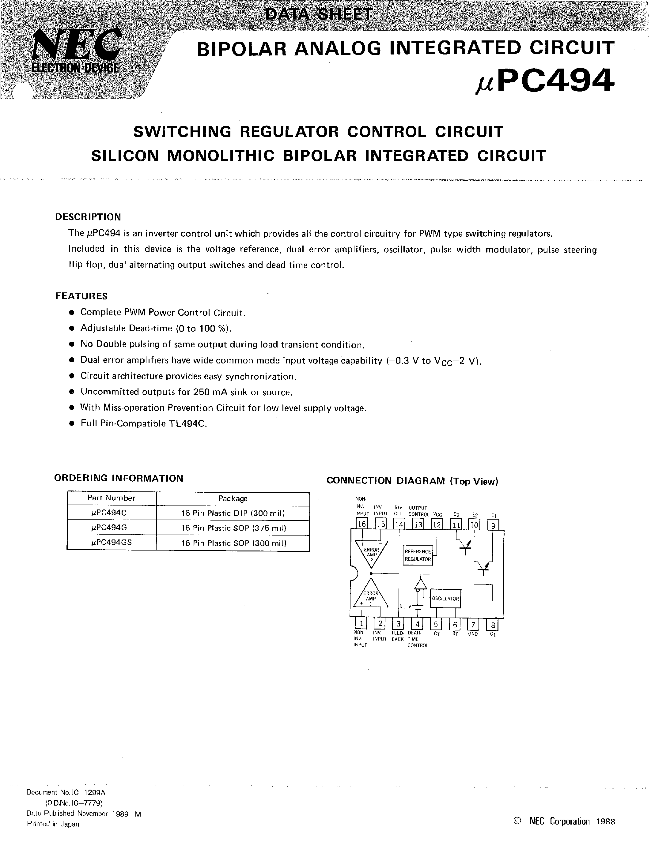 Datasheet UPC494 - SWITCHING REGULATOR CONTROL CIRCUIT SILICON MONOLITHIC BIPOLAR INTEGRATED CIRCUIT page 1