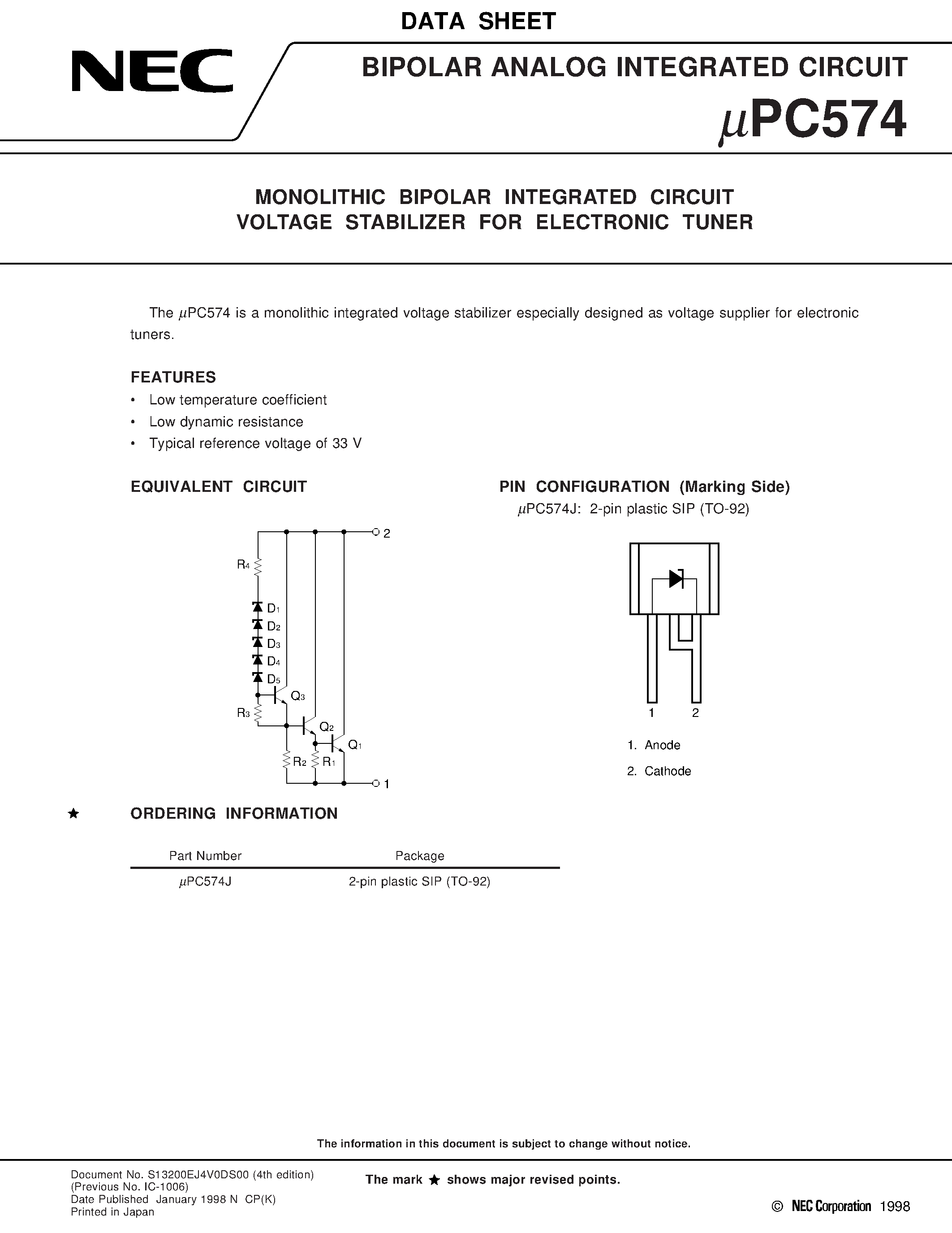 Даташит на микросхему UPC574J страница 1 Даташит UPC574J - MONOLITHIC BIPOLAR INTEGRATED CIRCUIT VOLTAGE STABILIZER FOR ELECTRONIC TUNER страница 1