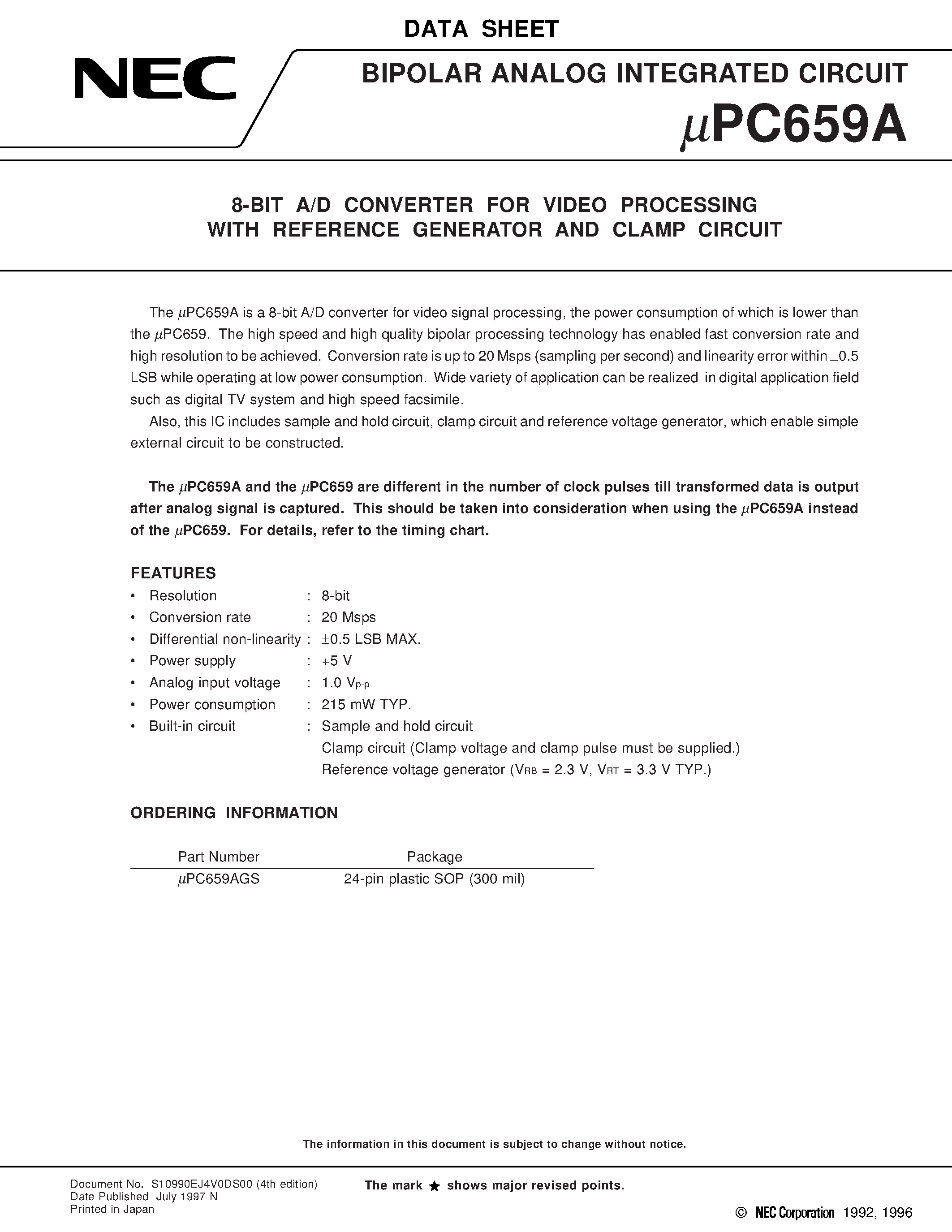Datasheet UPC659AGS - 8-BIT A/D CONVERTER FOR VIDEO PROCESSING WITH REFERENCE GENERATOR AND CLAMP CIRCUIT page 1
