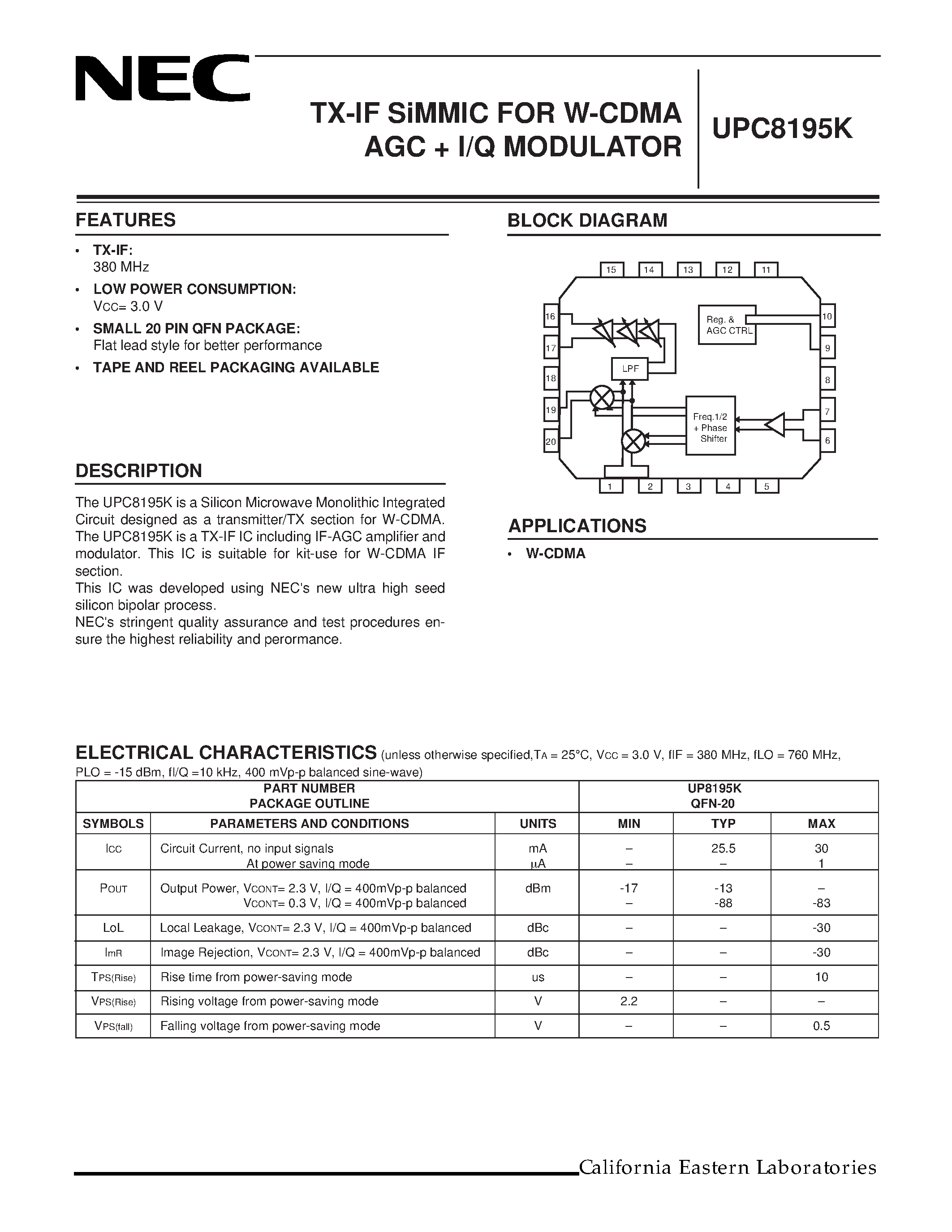 Даташит UPC8195K - TX-IF SiMMIC FOR W-CDMA AGC + I/Q MODULATOR страница 1