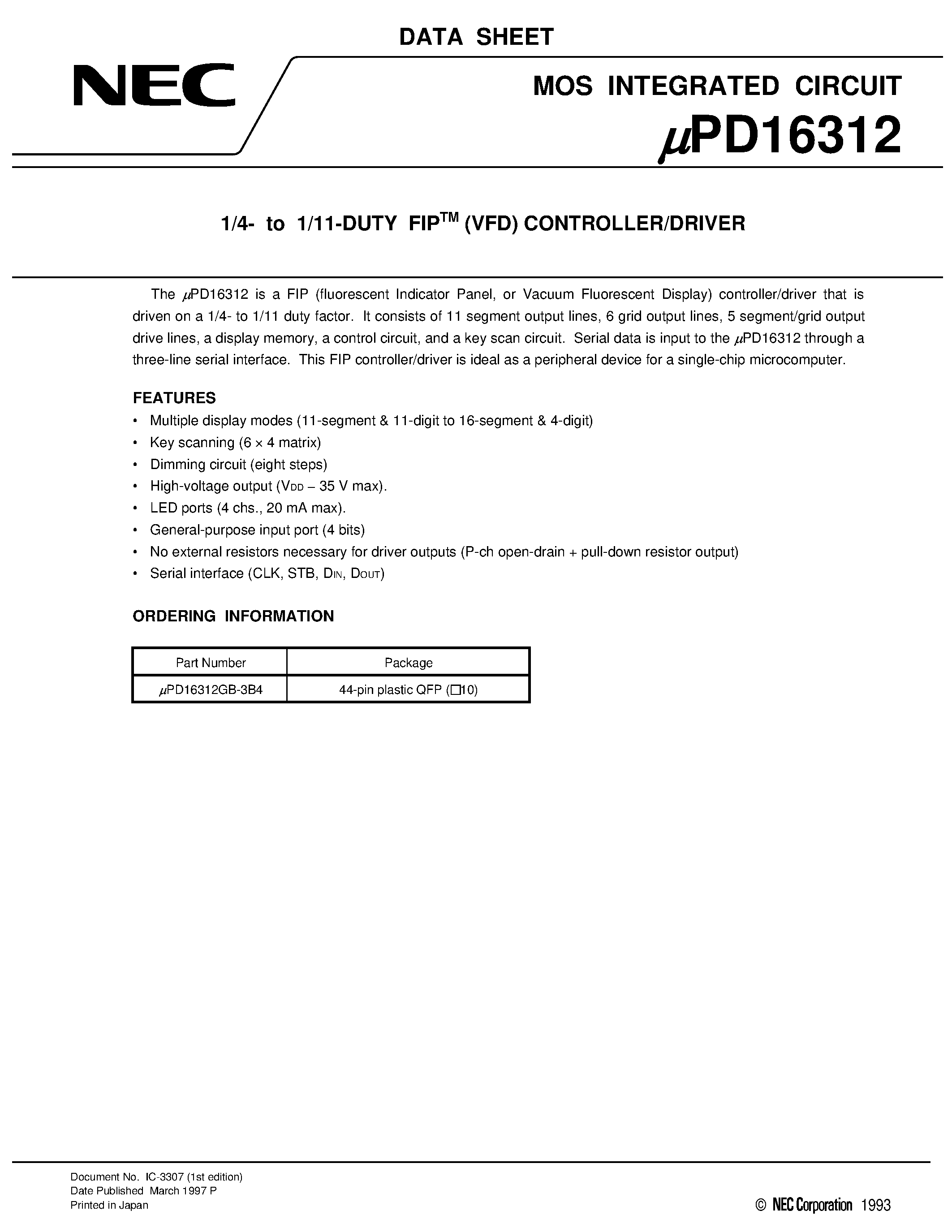 Datasheet UPD16312 - 1/4- to 1/11-DUTY FIPTM VFD CONTROLLER/DRIVER page 1