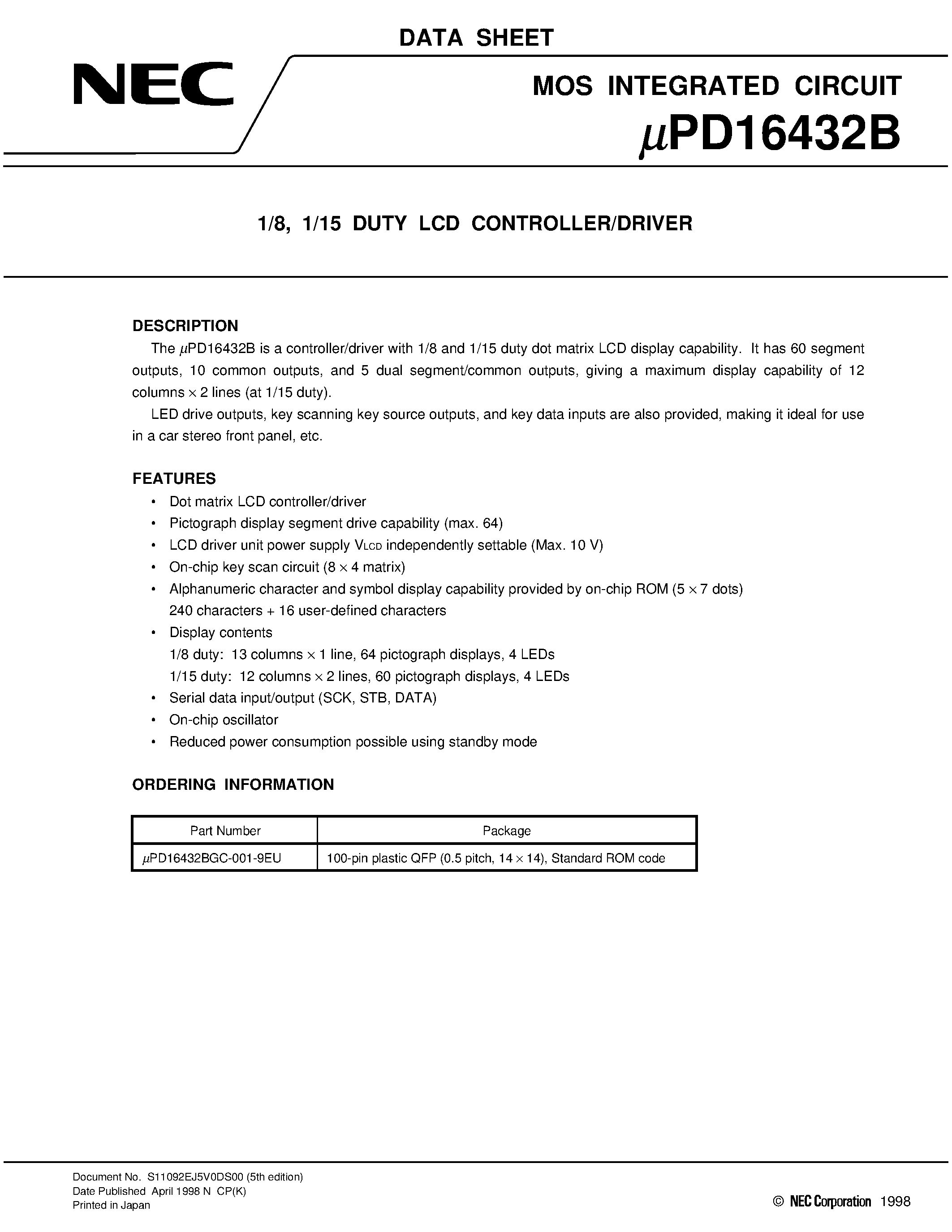 Даташит UPD16432B - 1/8/ 1/15 DUTY LCD CONTROLLER/DRIVER страница 1