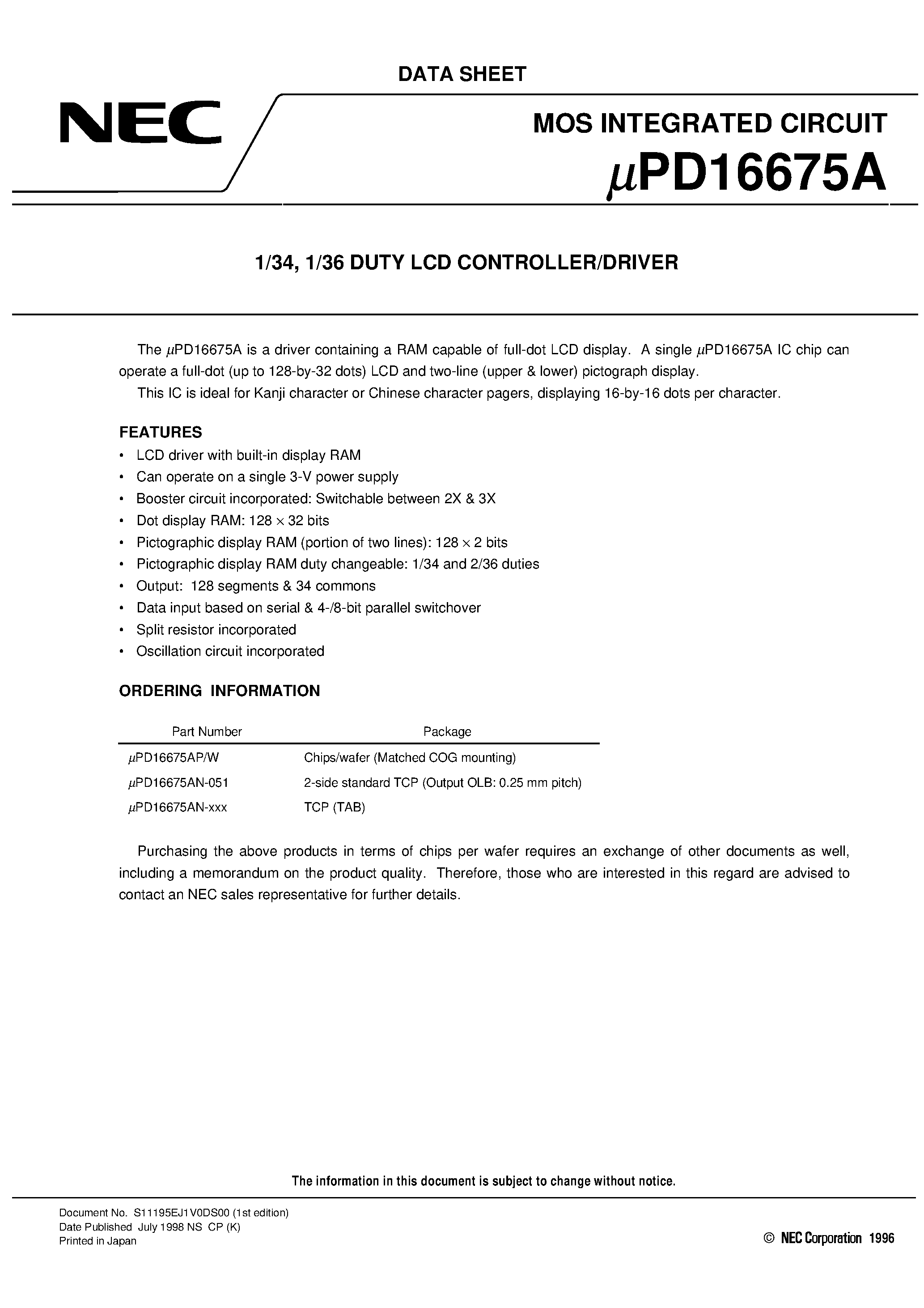 Даташит на микросхему UPD16675AW страница 1 Даташит UPD16675AW - 1/34/ 1/36 DUTY LCD CONTROLLER/DRIVER страница 1