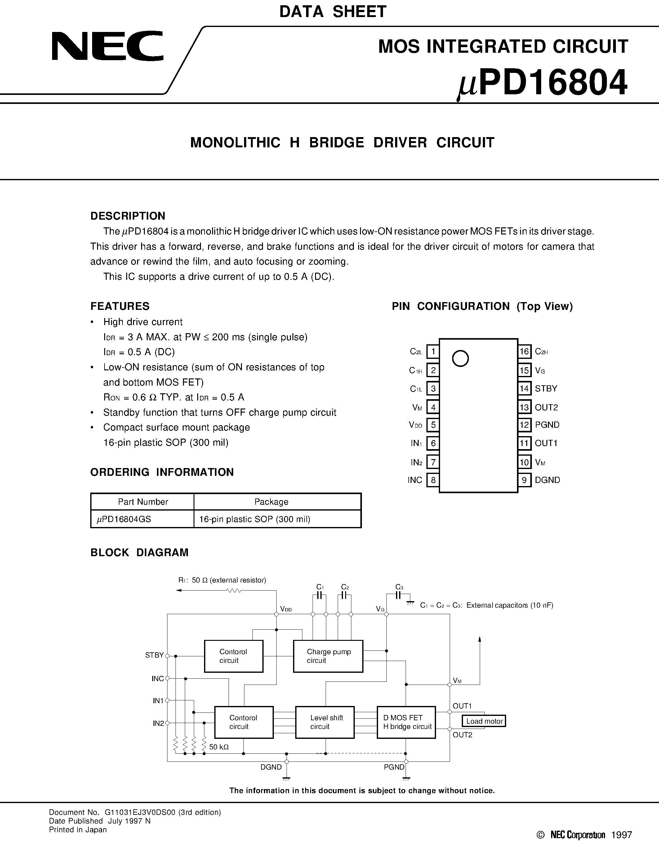 Даташит UPD16804GS - MONOLITHIC H BRIDGE DRIVER CIRCUIT страница 1