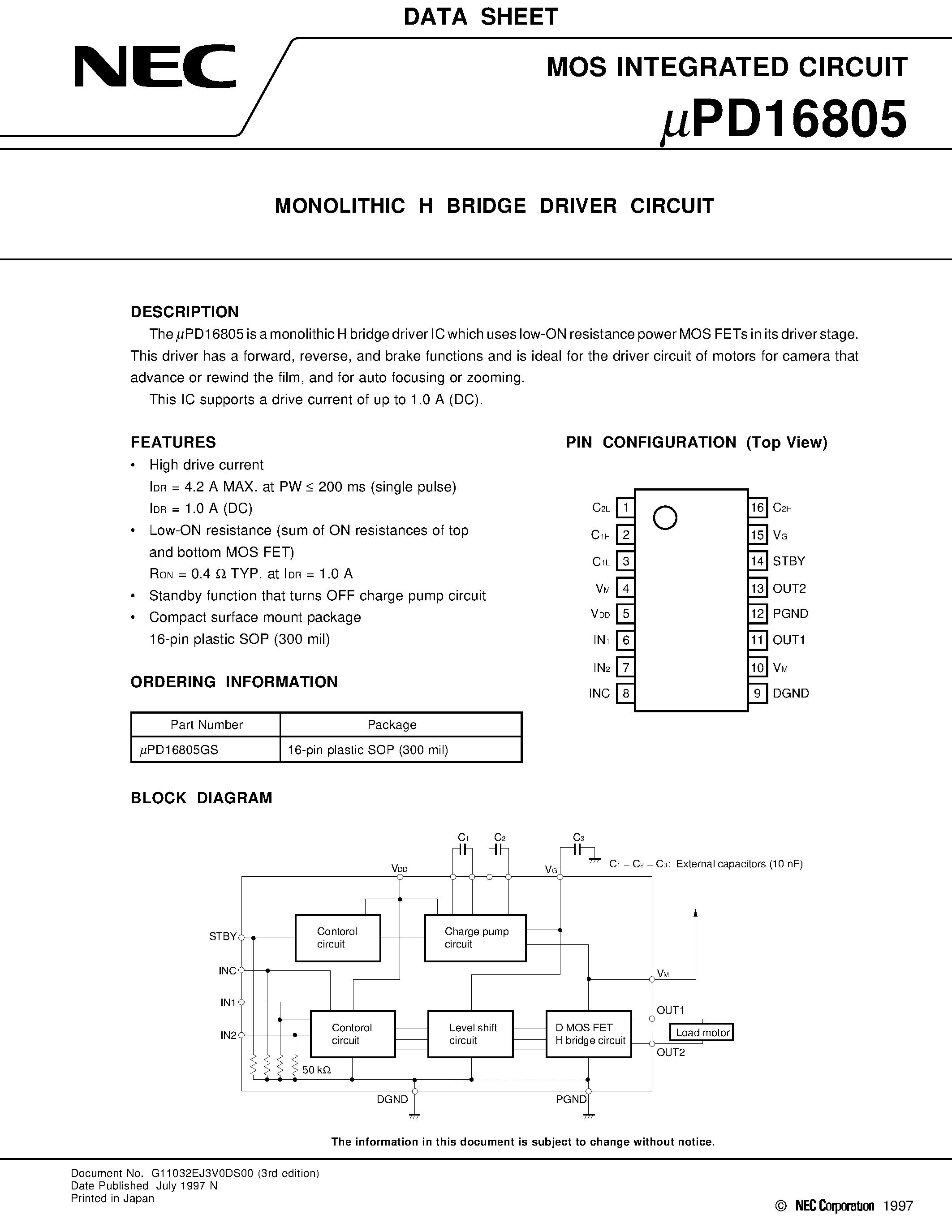 Даташит UPD16805GS - MONOLITHIC H BRIDGE DRIVER CIRCUIT страница 1