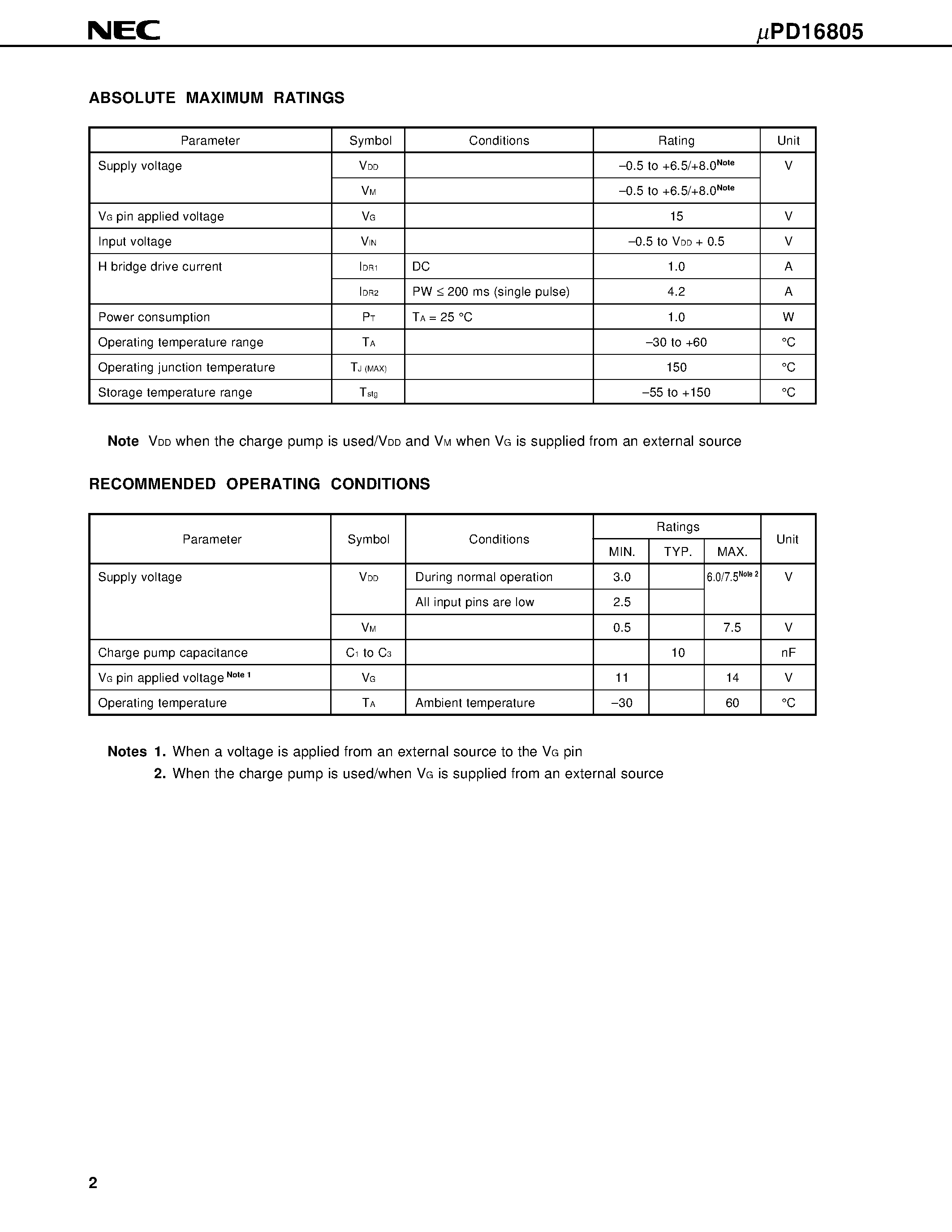 Datasheet UPD16805GS - MONOLITHIC H BRIDGE DRIVER CIRCUIT page 2