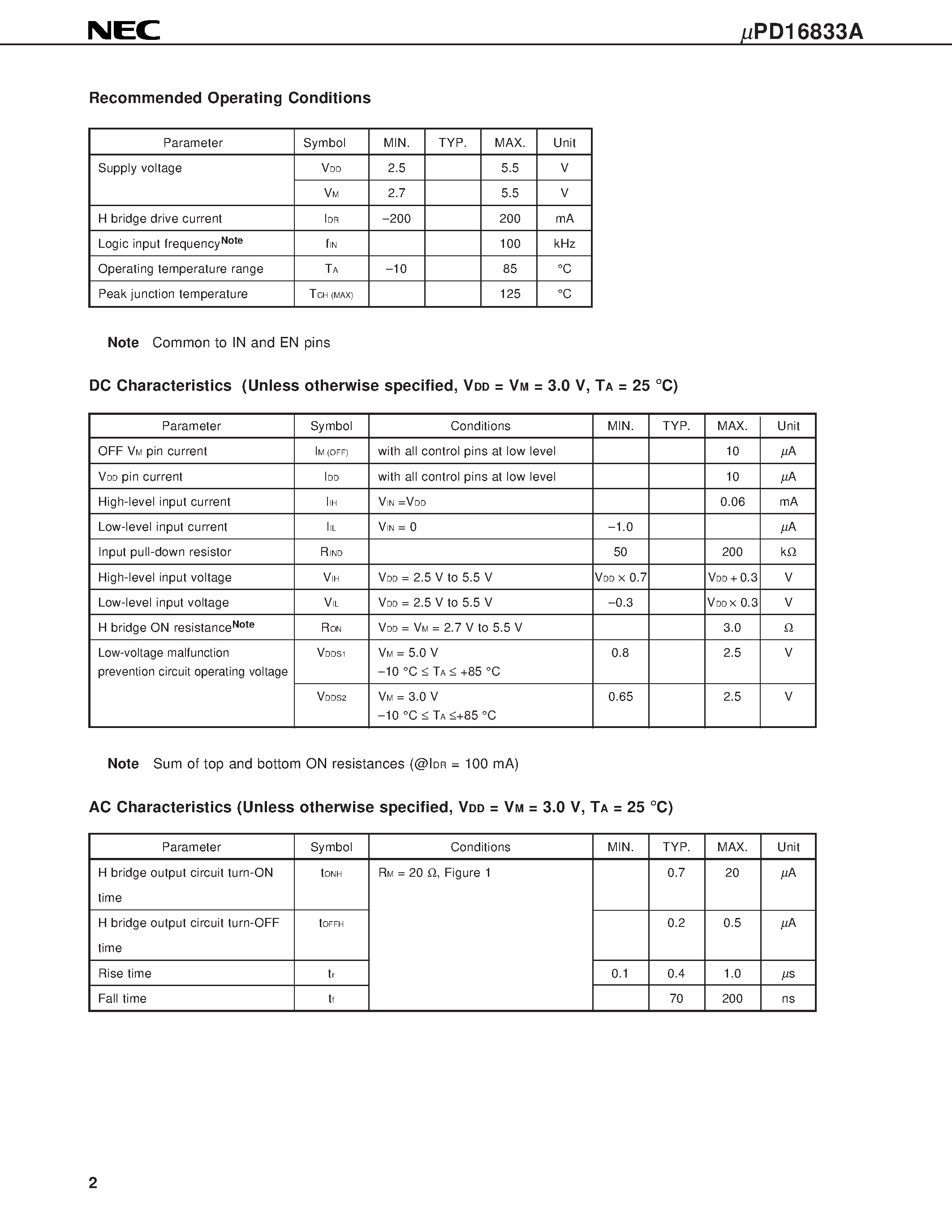 Datasheet UPD16833AG3 - MONOLITHIC QUAD H BRIDGE DRIVER CIRCUIT page 2