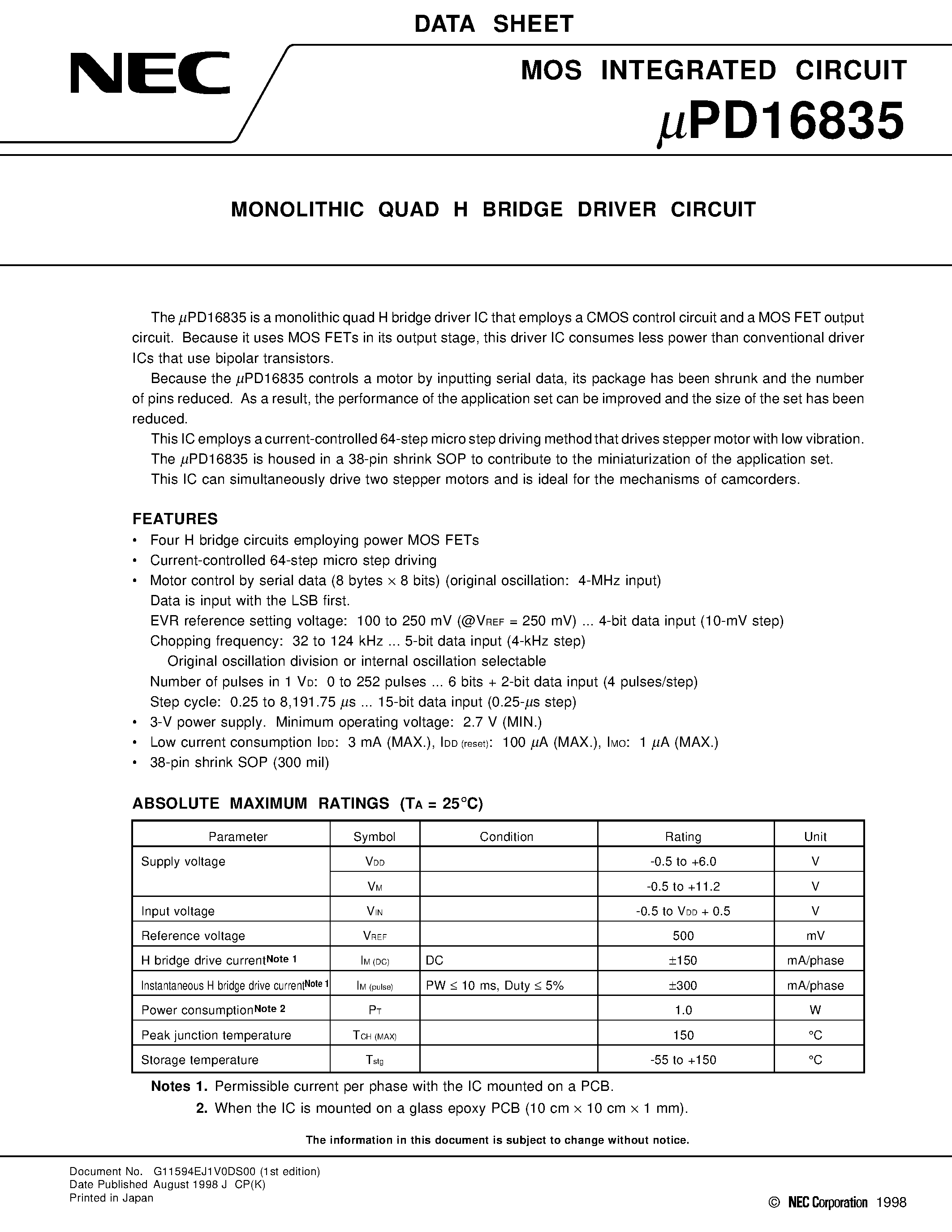 Даташит UPD16835 - MONOLITHIC QUAD H BRIDGE DRIVER CIRCUIT страница 1