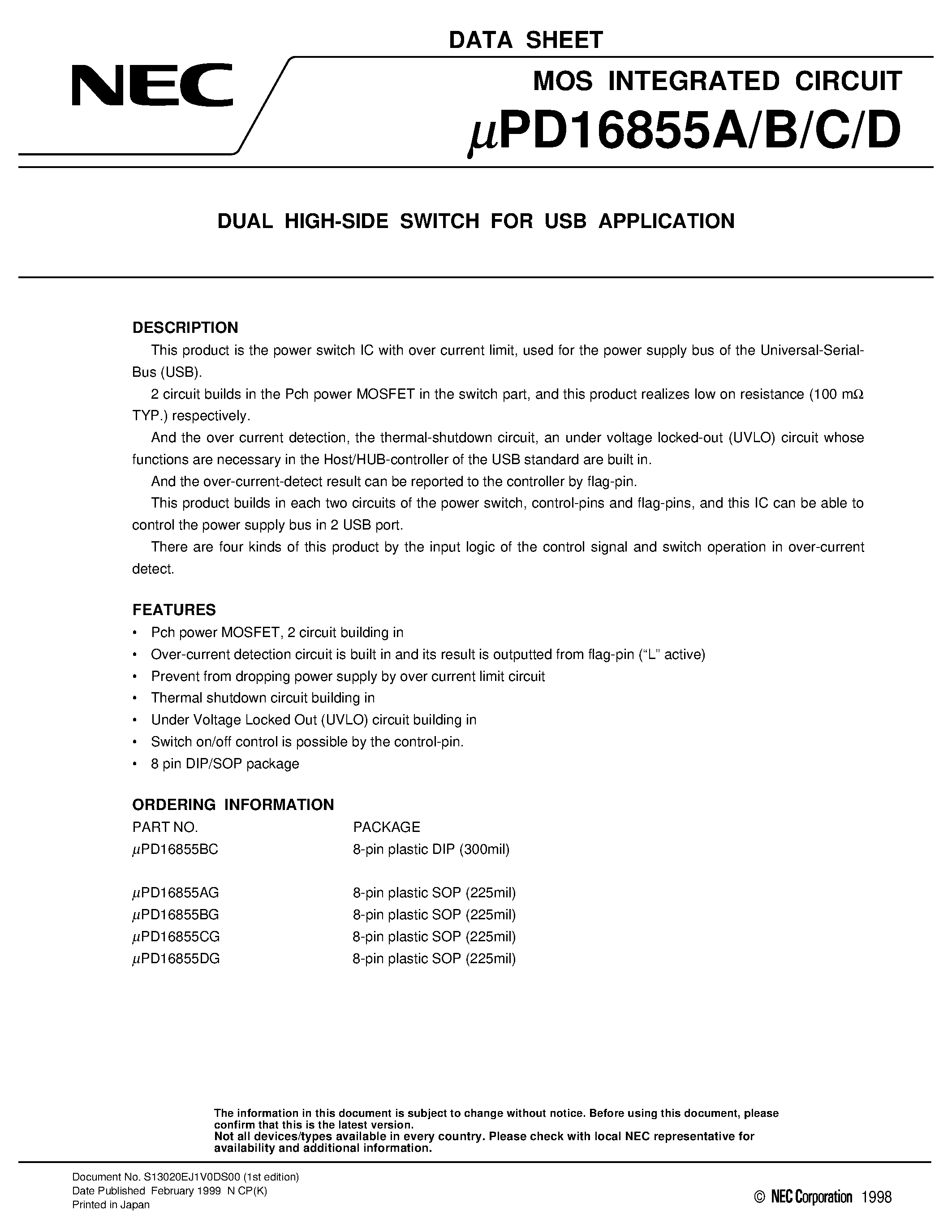 Datasheet UPD16855DG - DUAL HIGH-SIDE SWITCH FOR USB APPLICATION page 1