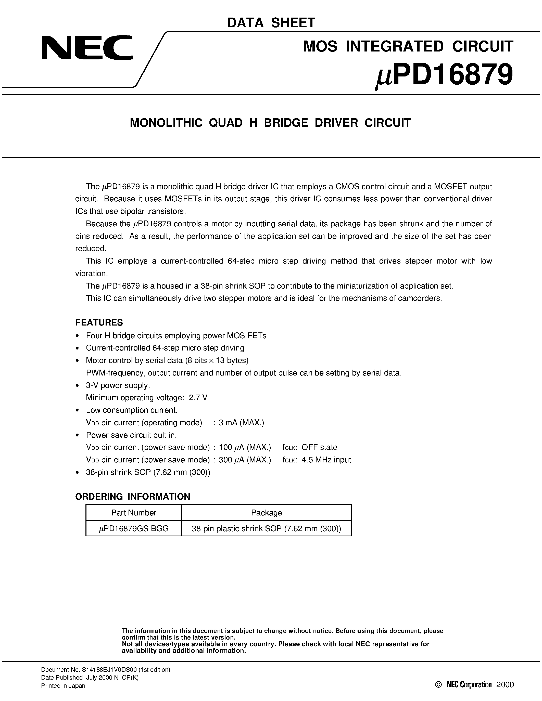 Datasheet UPD16879 - MONOLITHIC QUAD H BRIDGE DRIVER CIRCUIT page 1