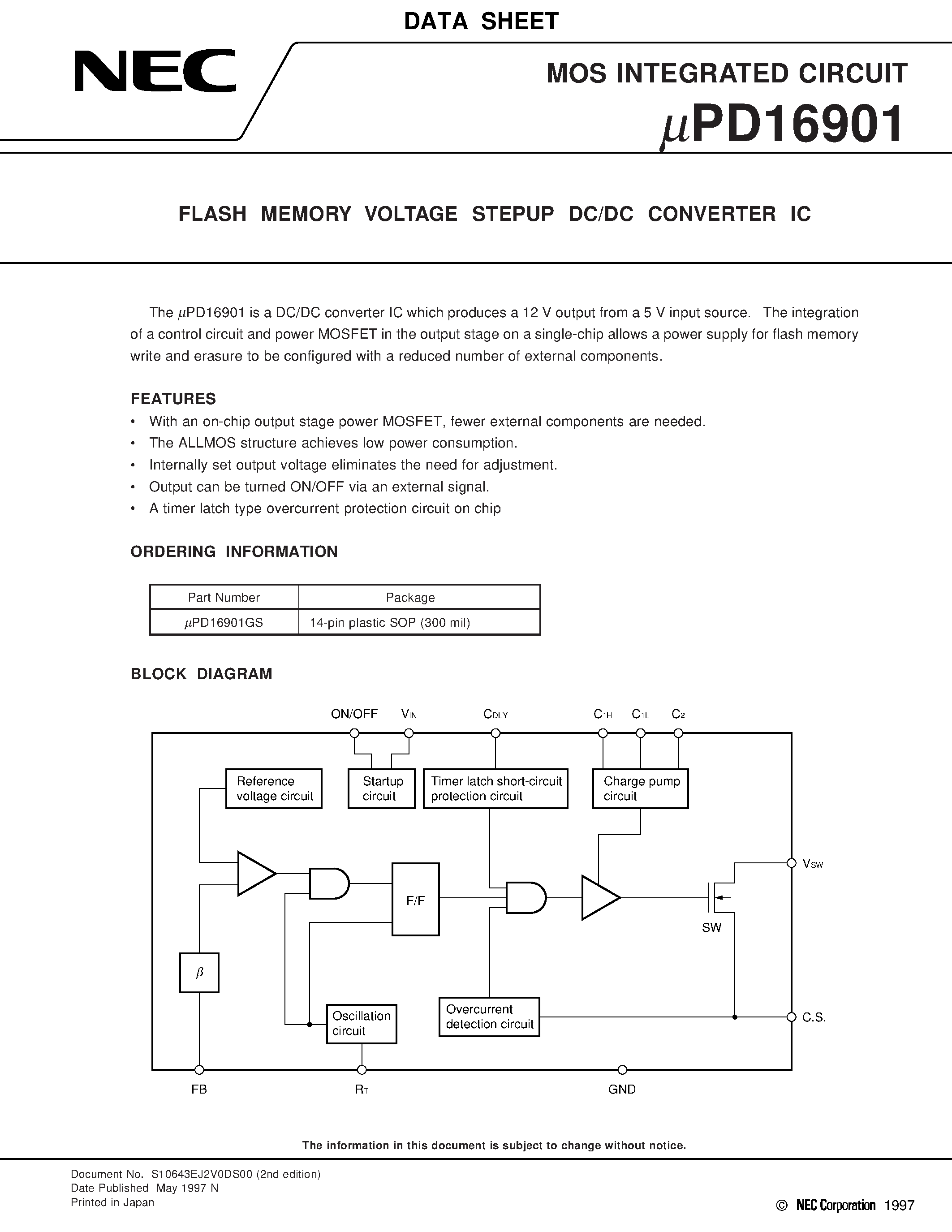 Даташит UPD16901GS - FLASH MEMORY VOLTAGE STEPUP DC/DC CONVERTER IC страница 1