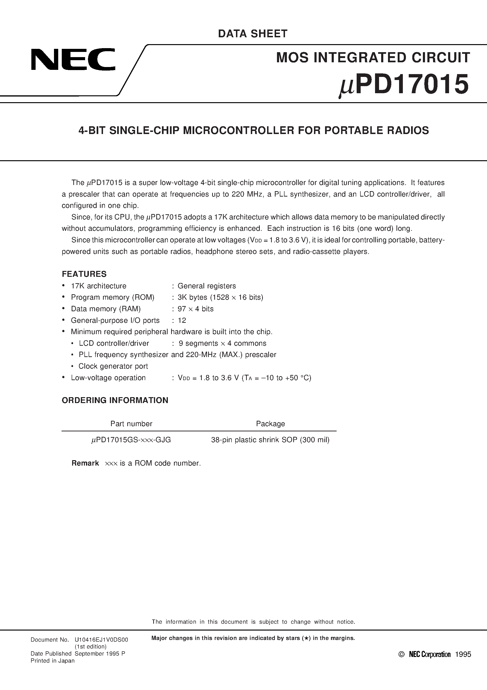 Datasheet UPD17015 page 1 Datasheet UPD17015 - 4-BIT SINGLE-CHIP MICROCONTROLLER FOR PORTABLE RADIOS page 1