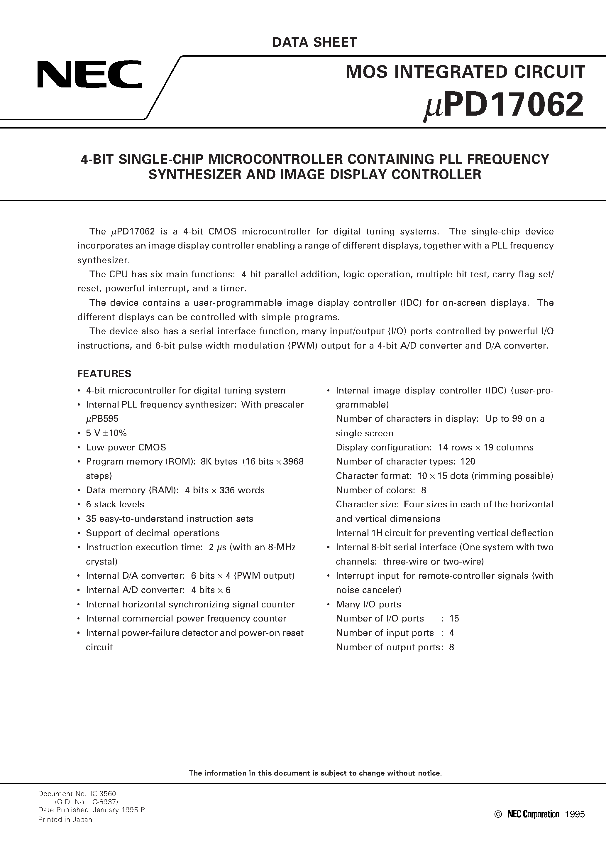 Datasheet UPD17062 - 4-BIT SINGLE-CHIP MICROCONTROLLER CONTAINING PLL FREQUENCY SYNTHESIZER AND IMAGE DISPLAY CONTROLLER page 1