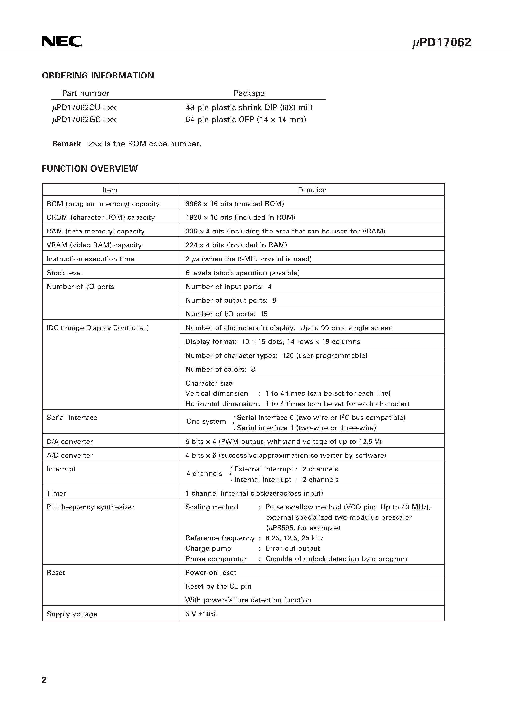 Datasheet UPD17062 - 4-BIT SINGLE-CHIP MICROCONTROLLER CONTAINING PLL FREQUENCY SYNTHESIZER AND IMAGE DISPLAY CONTROLLER page 2