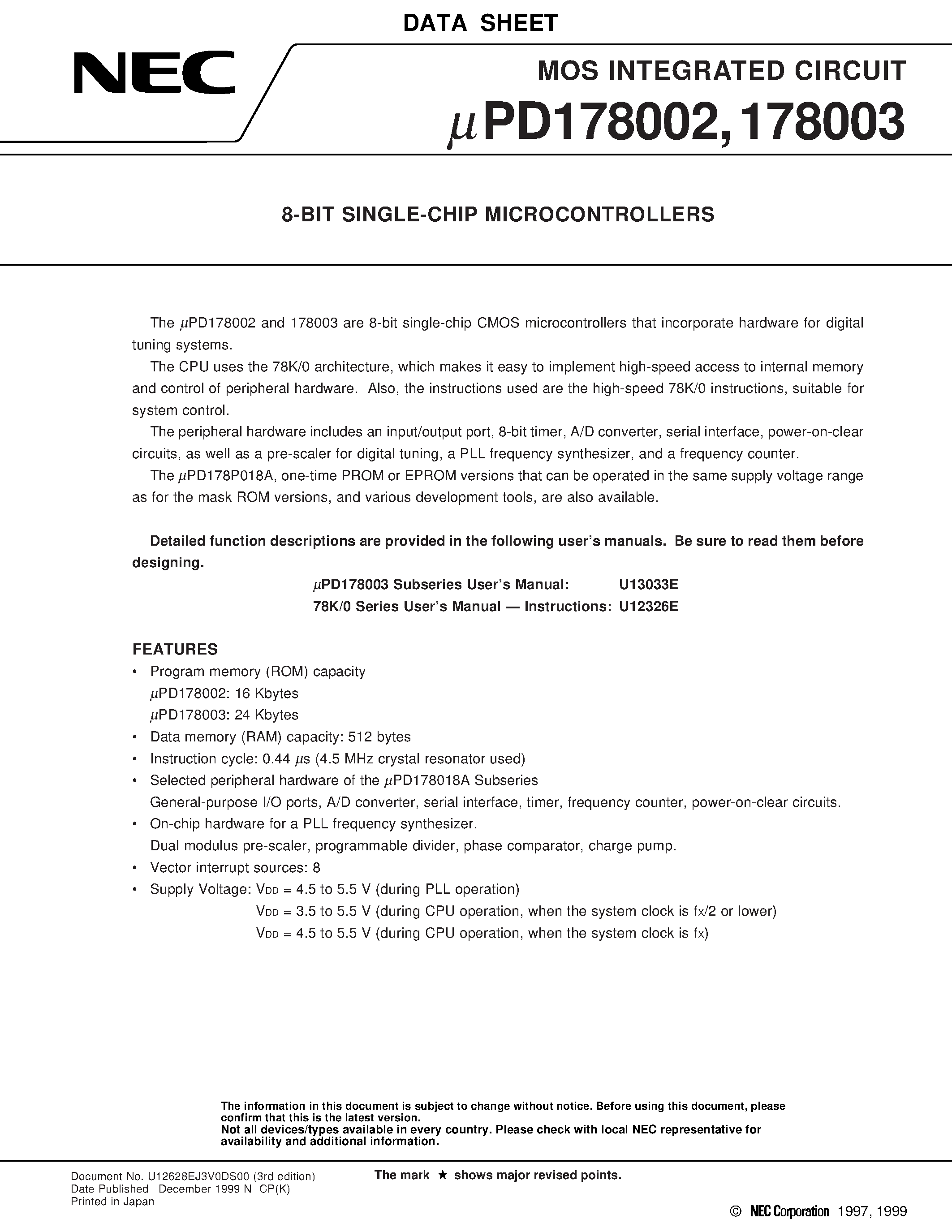 Даташит UPD178002GC - 8-BIT SINGLE-CHIP MICROCONTROLLERS страница 1