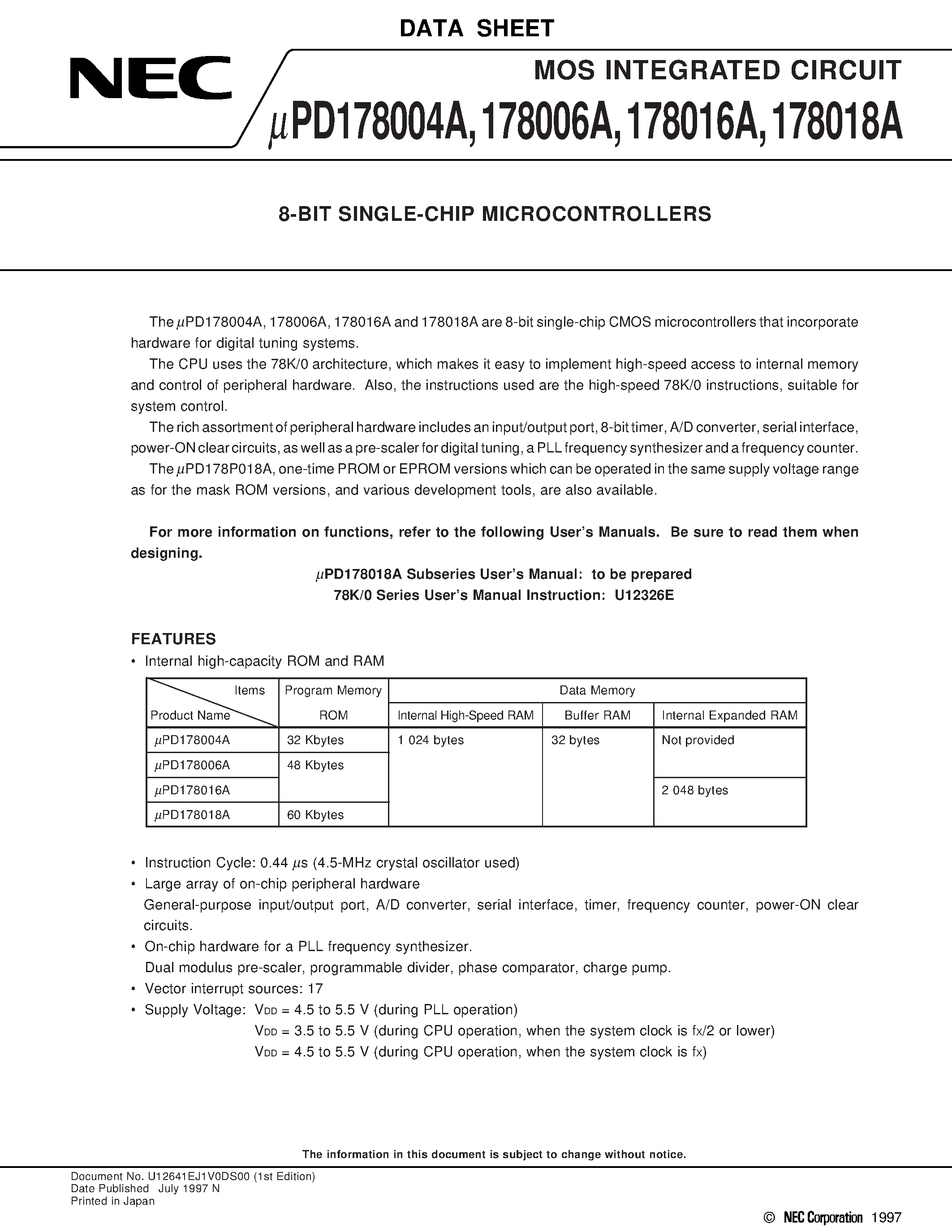 Даташит UPD178006A - 8-BIT SINGLE-CHIP MICROCONTROLLERS страница 1