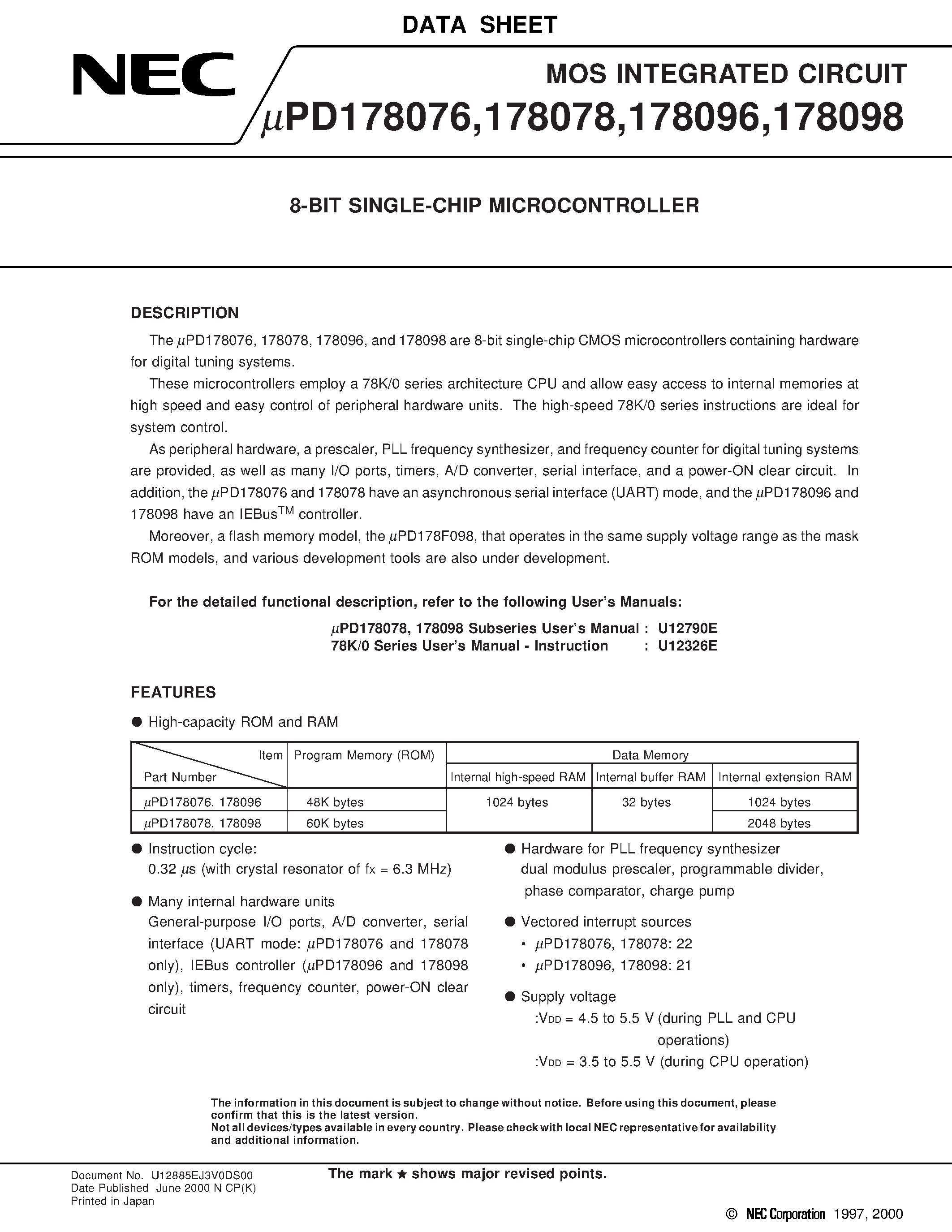 Даташит UPD178098GF - 8-BIT SINGLE-CHIP MICROCONTROLLER страница 1
