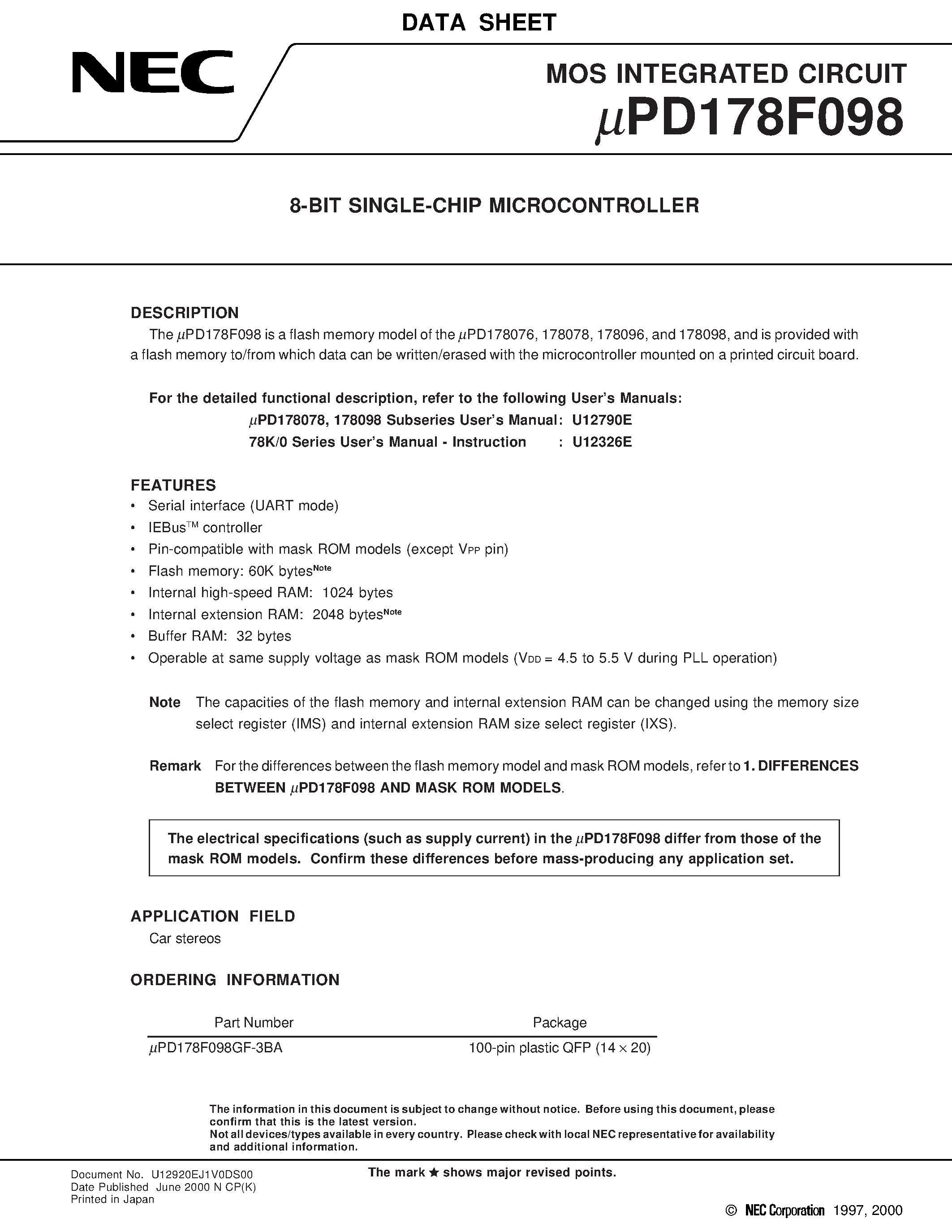 Даташит UPD178F098 - 8-BIT SINGLE-CHIP MICROCONTROLLER страница 1