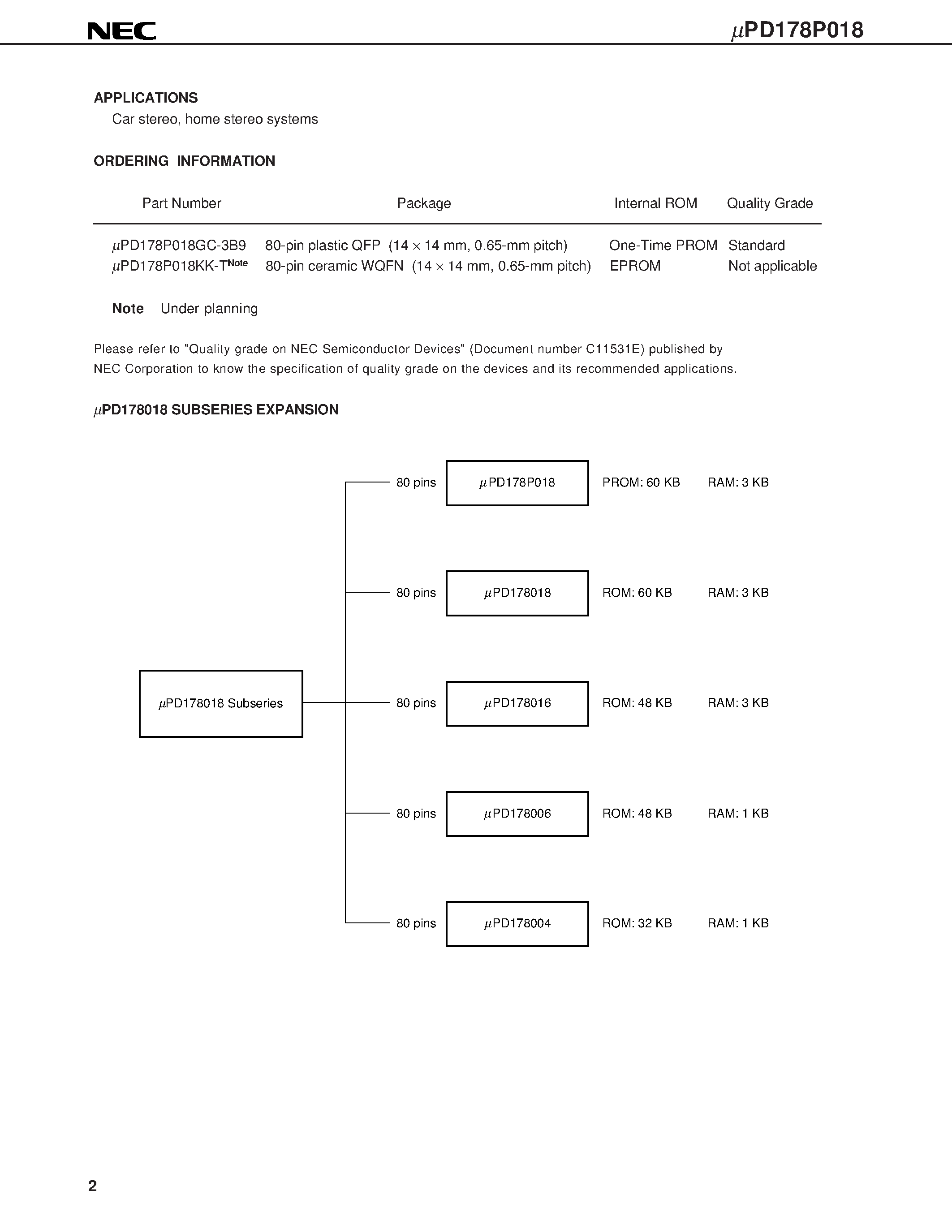 Даташит UPD178P018KK - 8-BIT SINGLE-CHIP MICROCONTROLLER страница 2