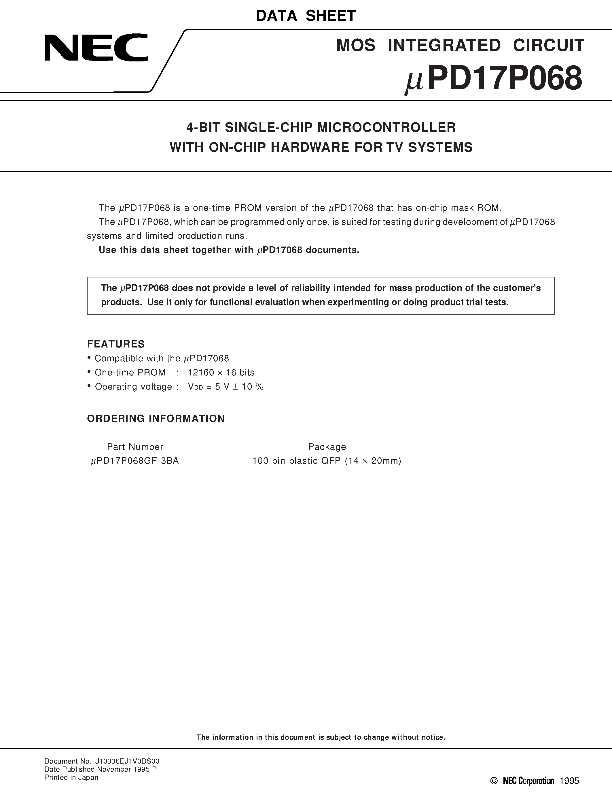 Datasheet UPD17P068GF-3BA - 4-BIT SINGLE-CHIP MICROCONTROLLER WITH ON-CHIP HARDWARE FOR TV SYSTEMS page 1
