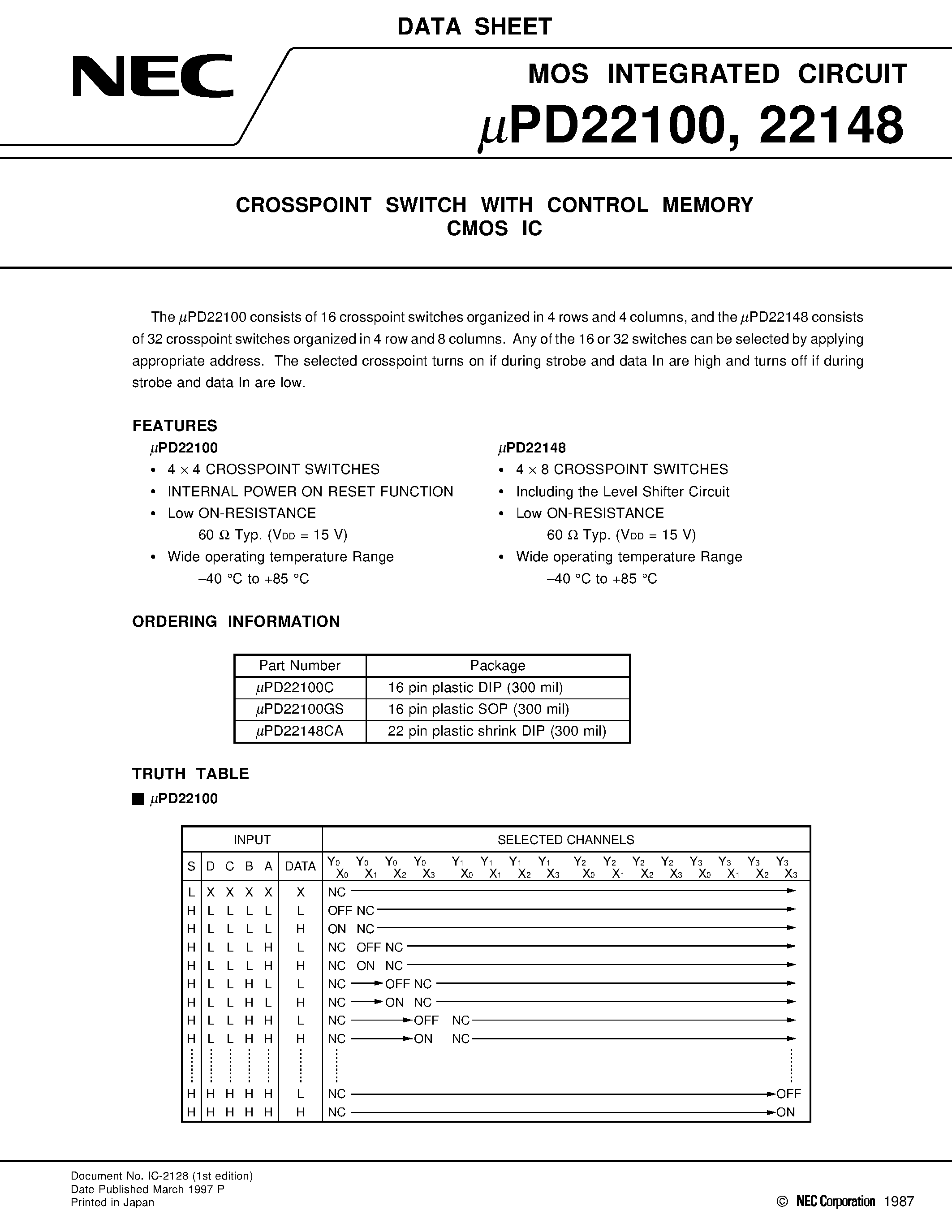 Datasheet UPD22148 page 1 Datasheet UPD22148 - CROSSPOINT SWITCH WITH CONTROL MEMORY CMOS IC page 1