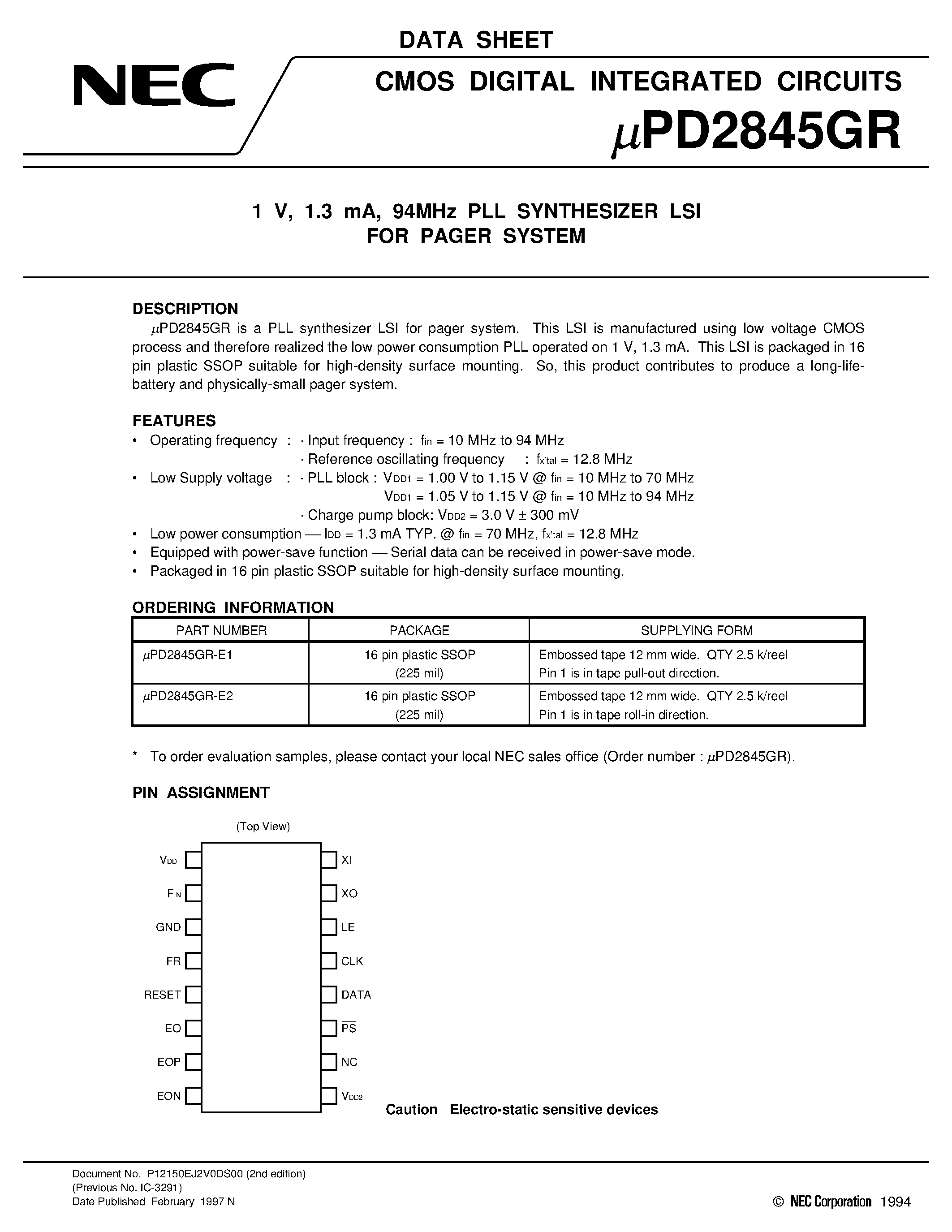 Даташит UPD2845GR - 1 V/ 1.3 mA/ 94MHz PLL SYNTHESIZER LSI FOR PAGER SYSTEM страница 1
