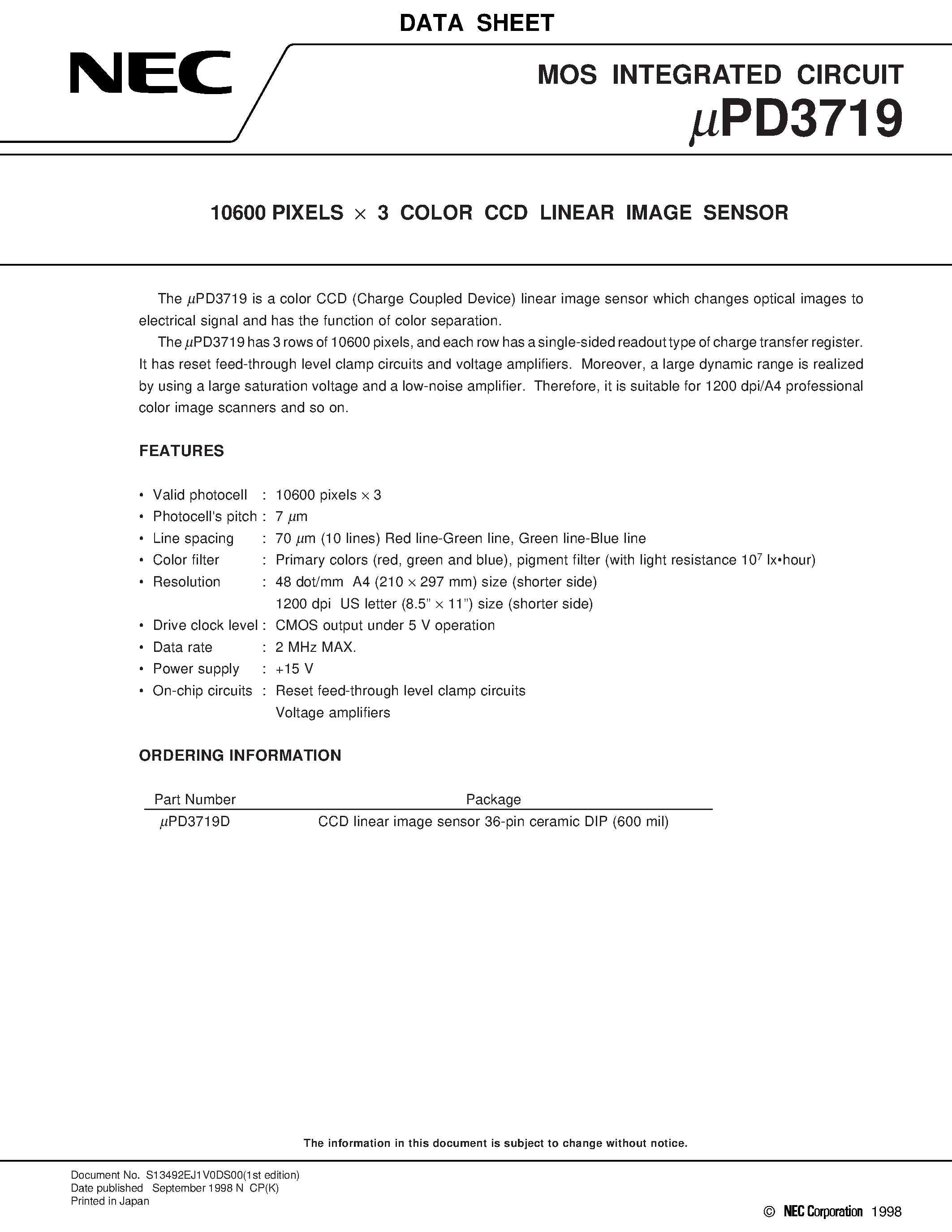 Datasheet UPD3719 - 10600 PIXELS x 3 COLOR CCD LINEAR IMAGE SENSOR page 1