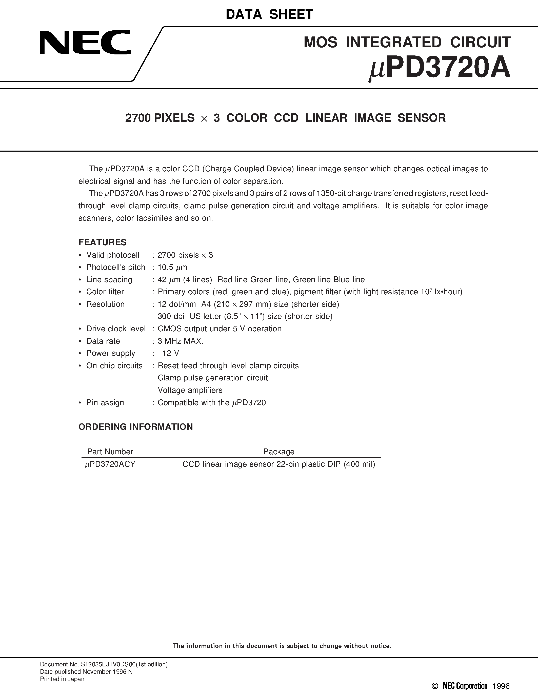 Datasheet UPD3720A - 2700 PIXELS x 3 COLOR CCD LINEAR IMAGE SENSOR page 1