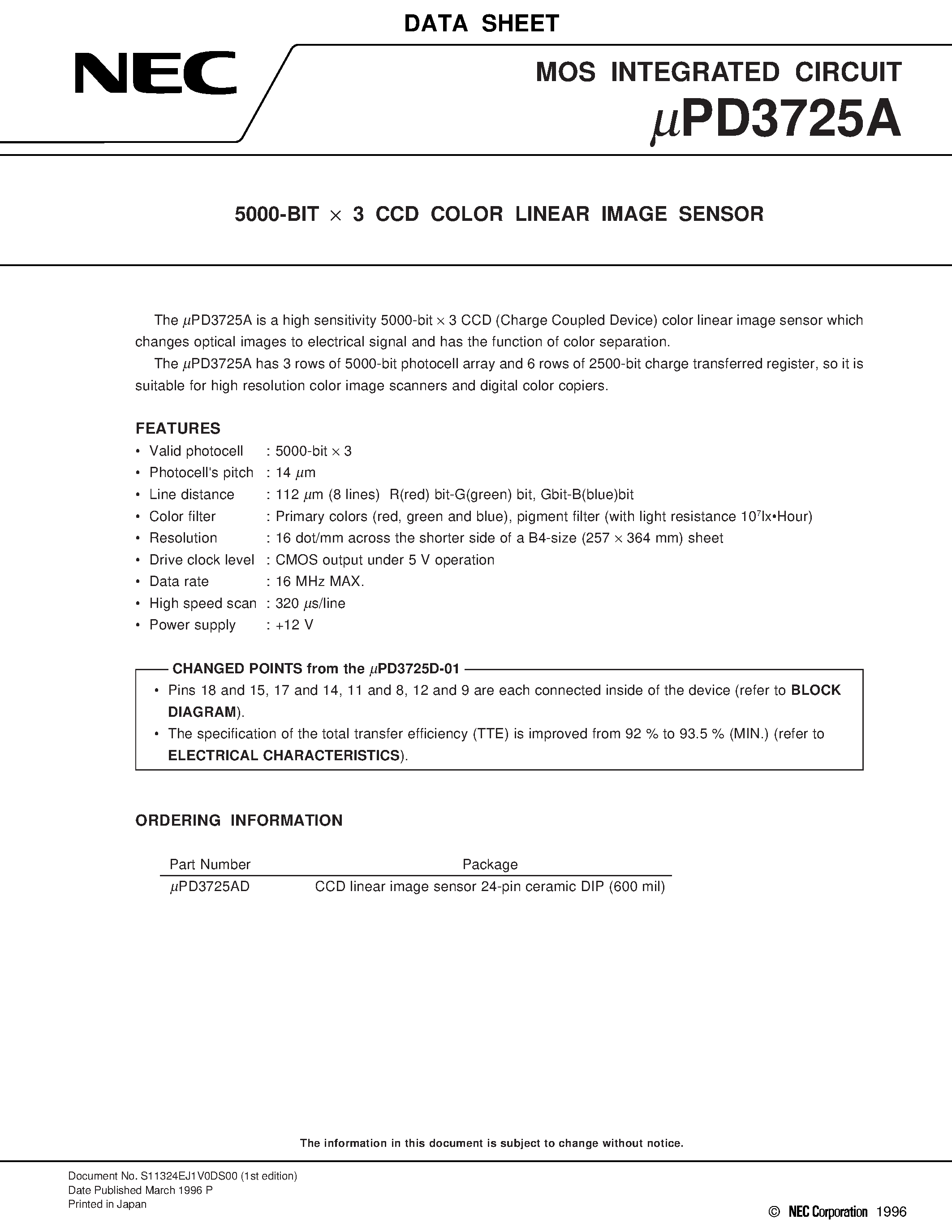 Datasheet UPD3725A - 5000-BIT x 3 CCD COLOR LINEAR IMAGE SENSOR page 1