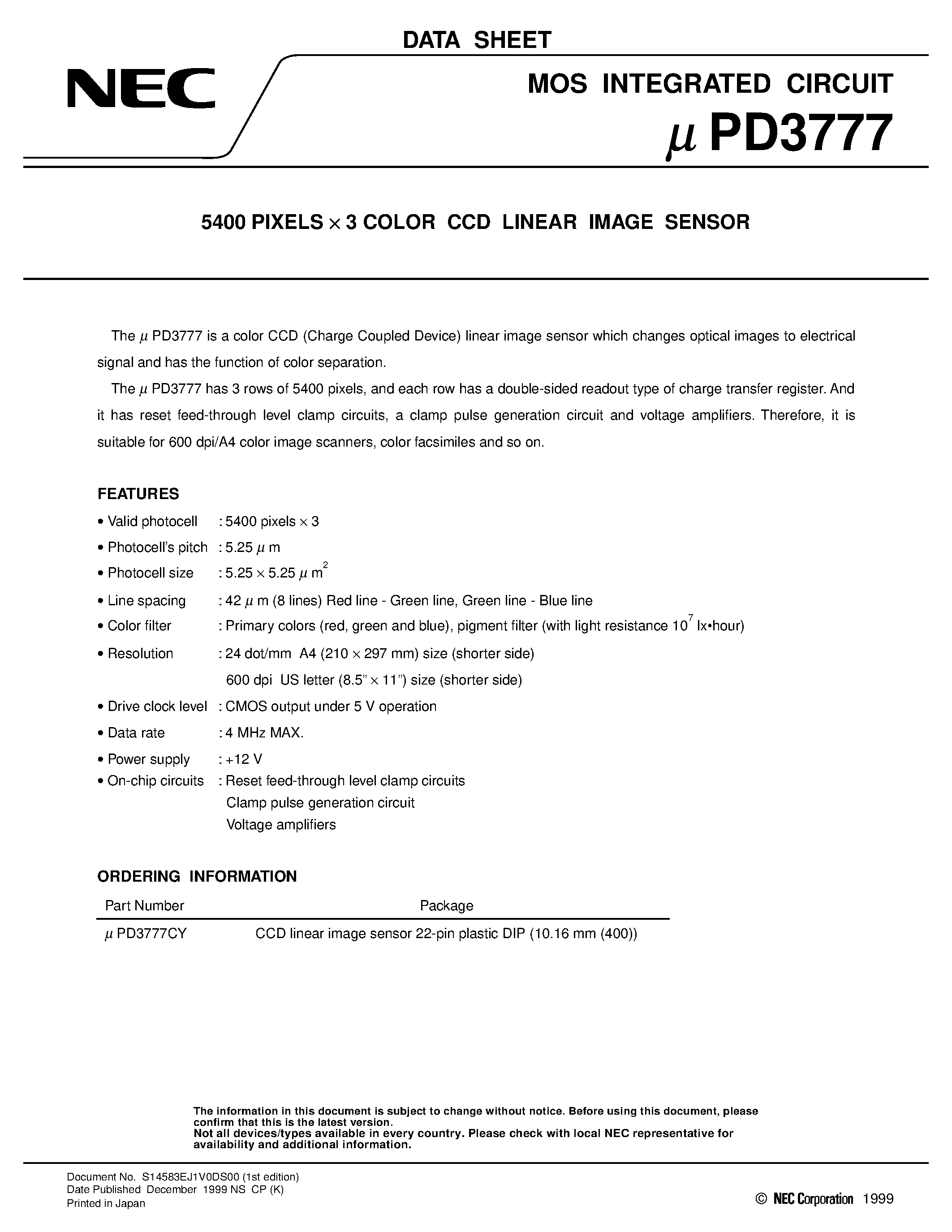 Datasheet UPD3777 - 5400 PIXELS x 3 COLOR CCD LINEAR IMAGE SENSOR page 1