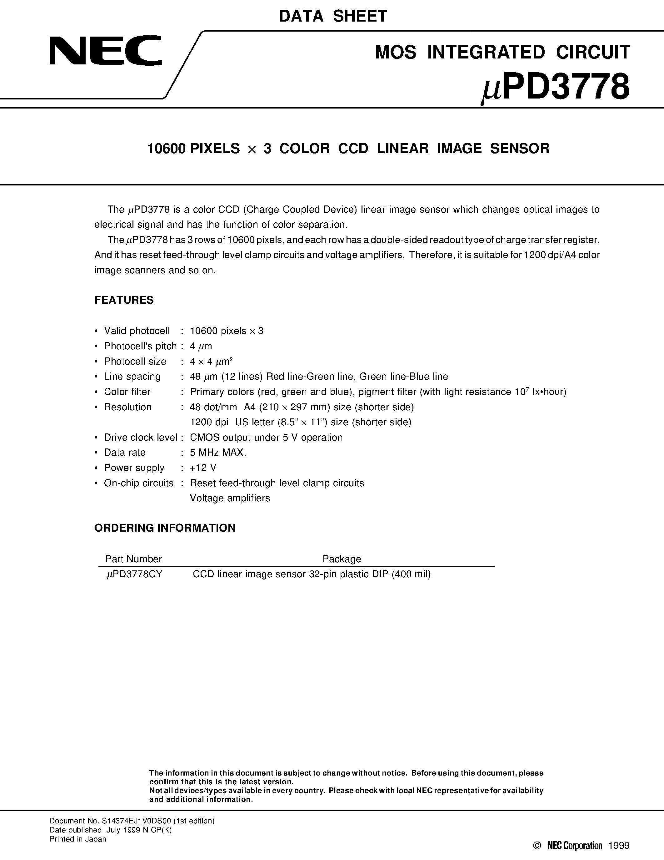 Datasheet UPD3778 - 10600 PIXELS x 3 COLOR CCD LINEAR IMAGE SENSOR page 1