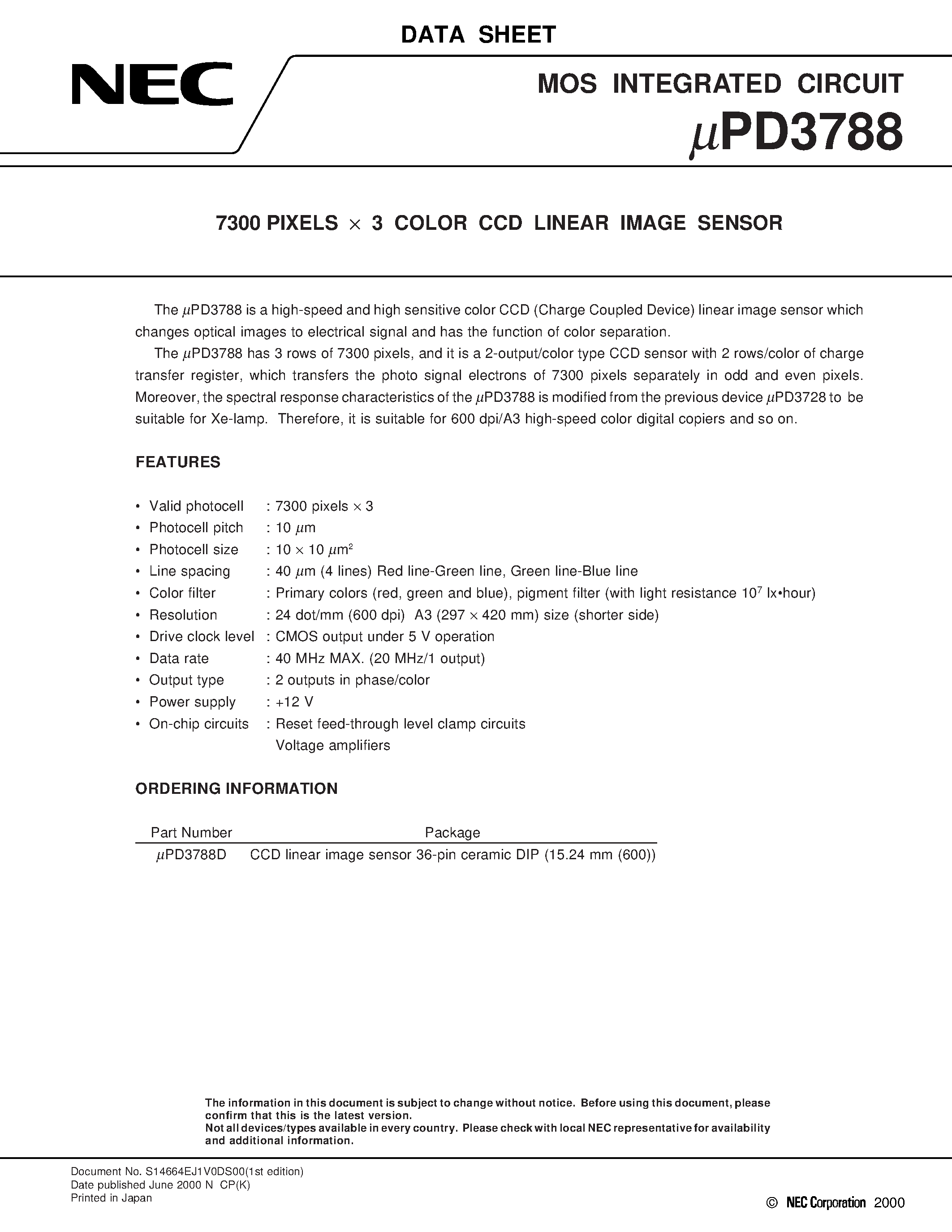 Datasheet UPD3788 - 7300 PIXELS x 3 COLOR CCD LINEAR IMAGE SENSOR page 1