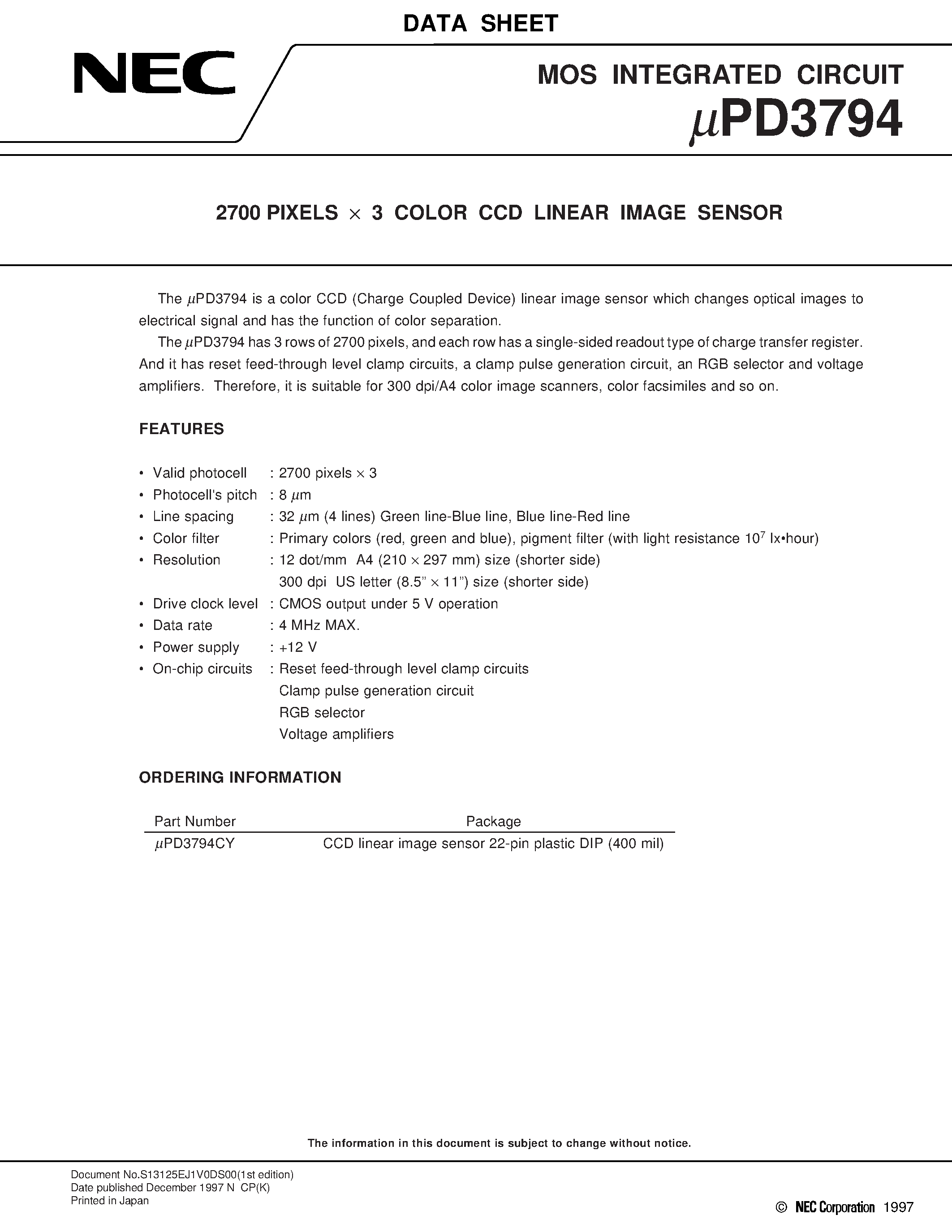 Datasheet UPD3794 - 2700 PIXELS x 3 COLOR CCD LINEAR IMAGE SENSOR page 1